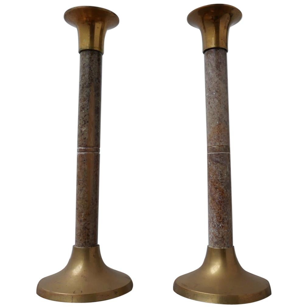 Pair of Marble and Brass Midcentury Candlesticks