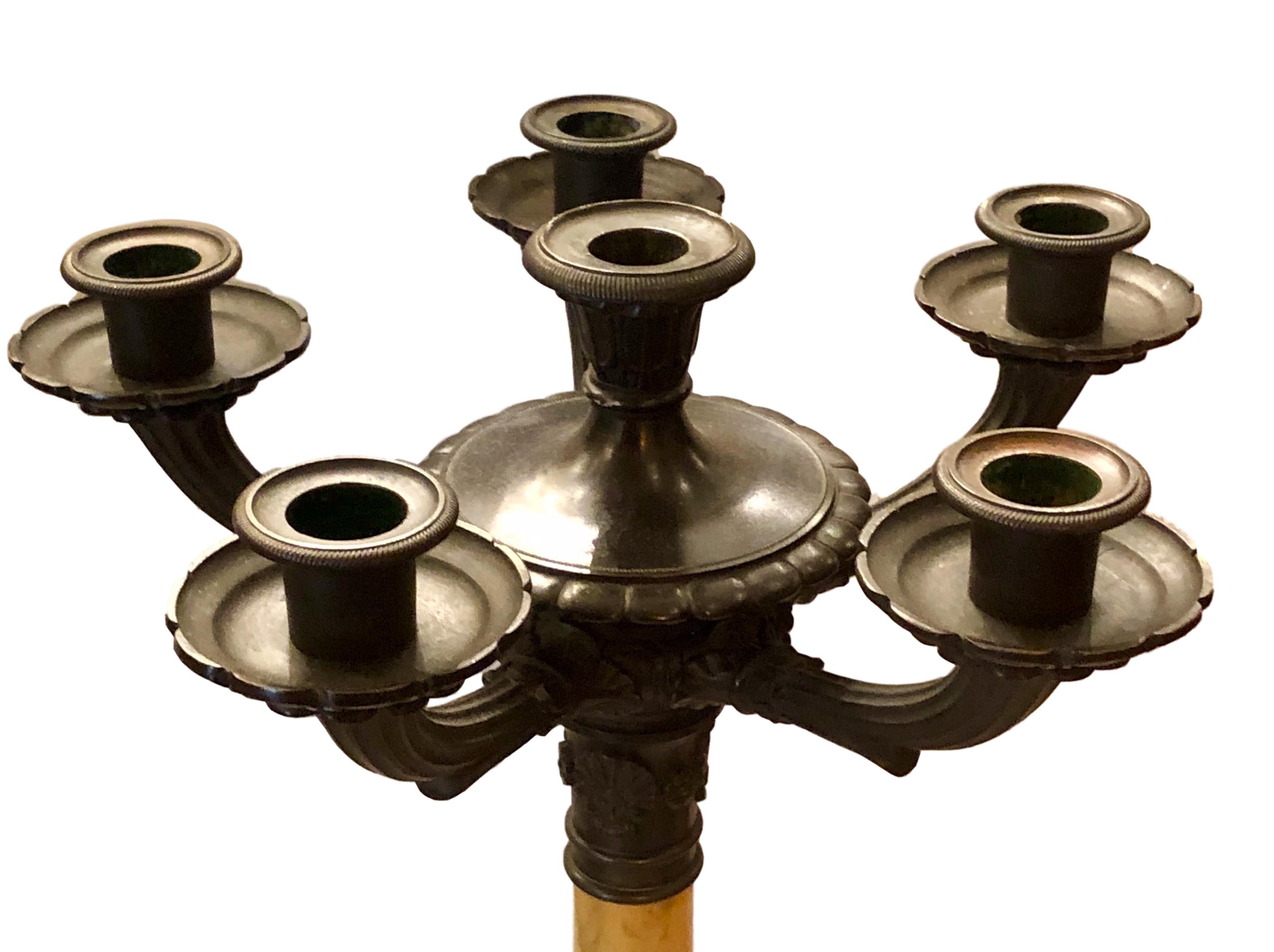 A pair of important circa 1900 French marble and bronze large candelabras with six arms each.

Measurements:
Height 32.5