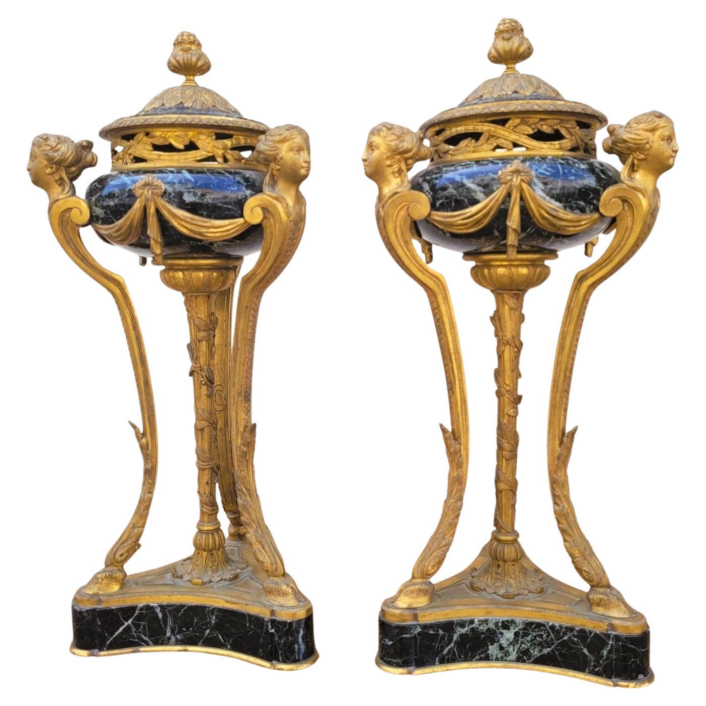 Pair Of Marble And Bronze Cassolettes, 19th Century