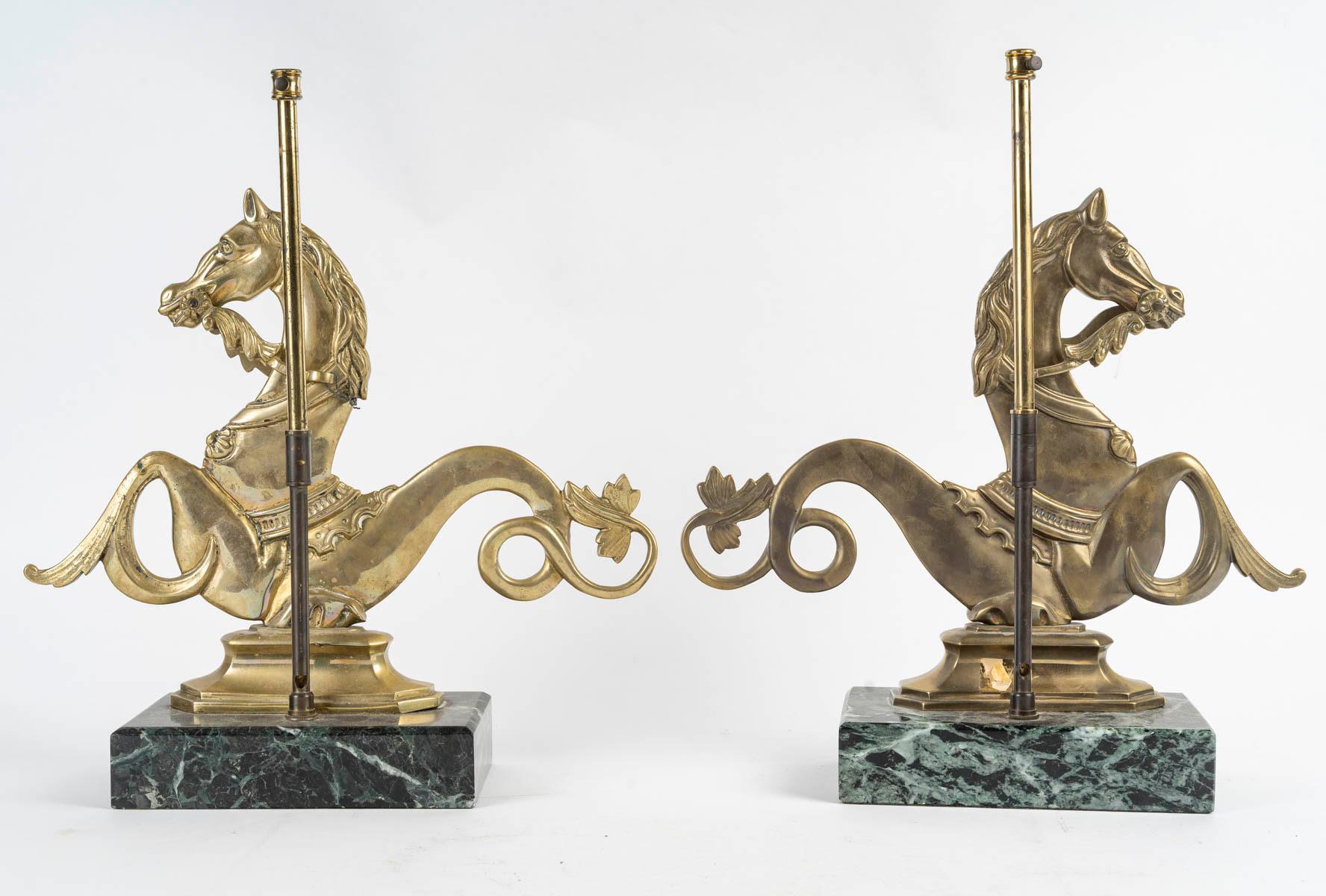 Pair of Marble and Bronze Lamp Bases, 20th Century. For Sale 3