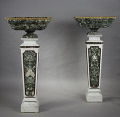 Pair of Marble and Bronze Urns on Marble Pedestals, France, Early 20th Century