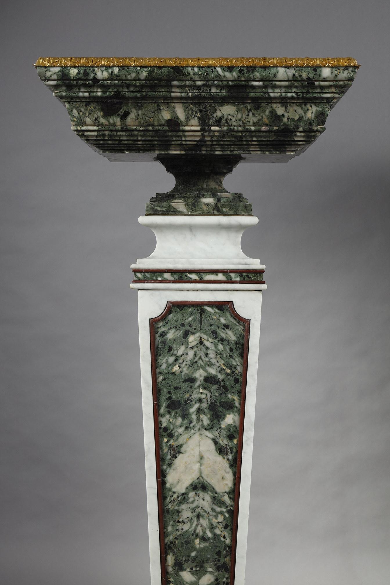 Gilt Pair of Marble and Bronze Urns on Marble Pedestals, France, Early 20th Century For Sale