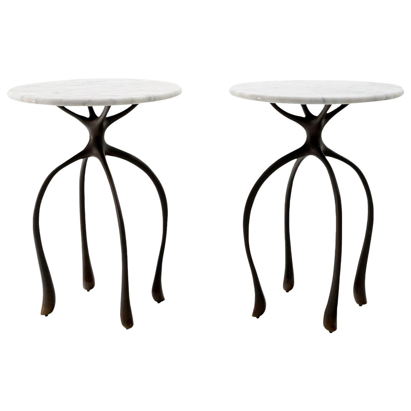 Pair of Marble and Cast Bronze "Moonshine" Side Tables by Jordan Mozer