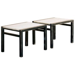 Pair of Marble and Distressed Wood Side Tables