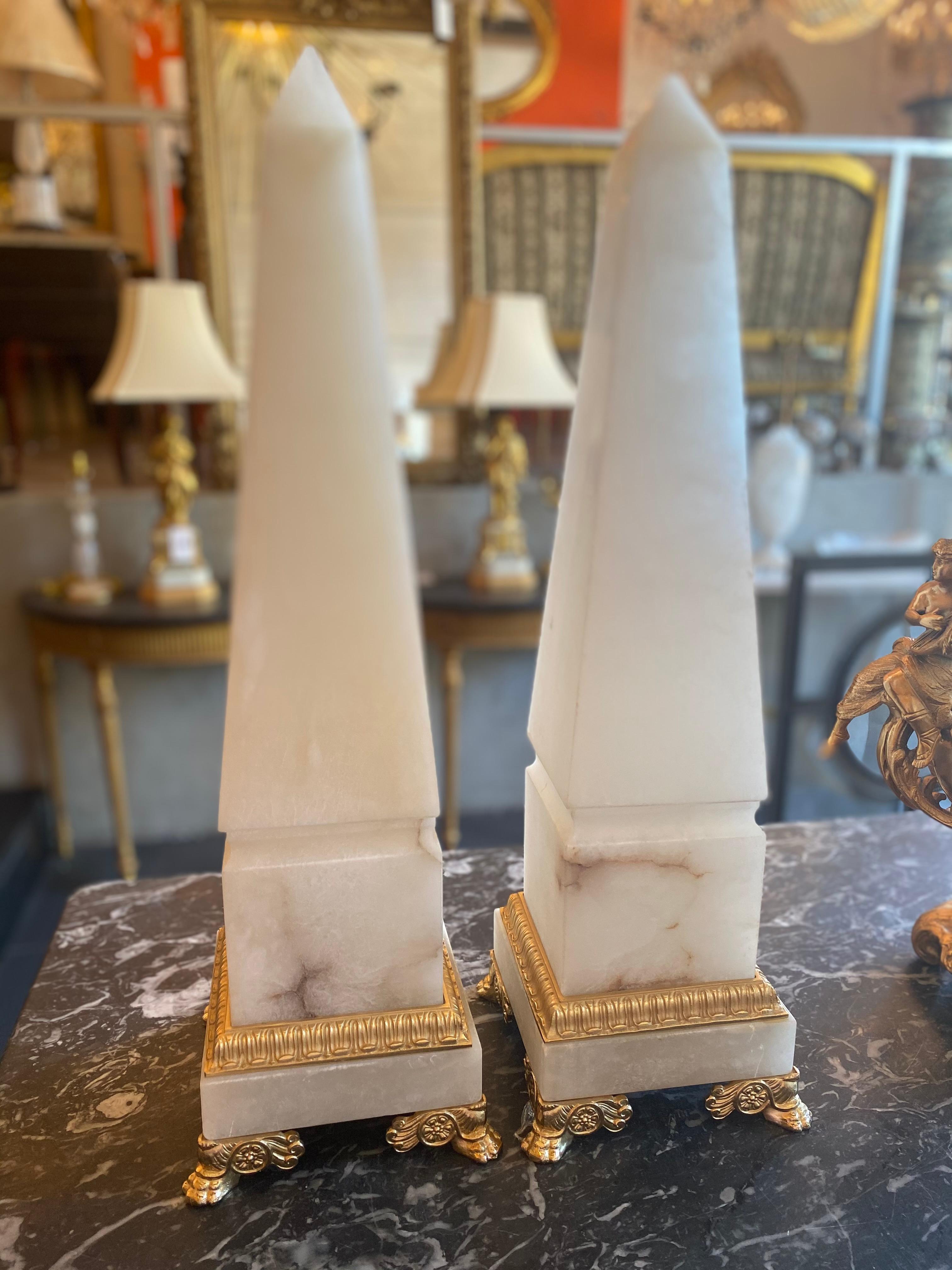 20th Century Pair Of Alabaster And Gilt Bronze Obelisks