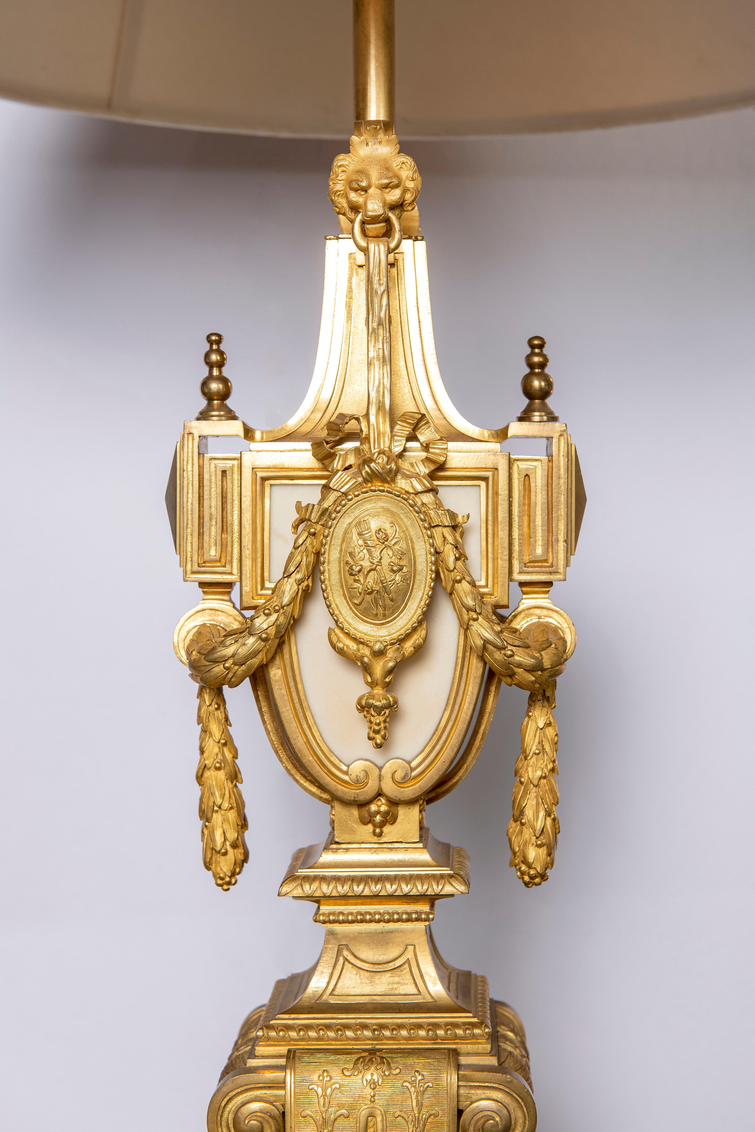 Louis XIV Pair of Marble and Gilt Bronze Table Lamps, Signed F. Barbedienne For Sale