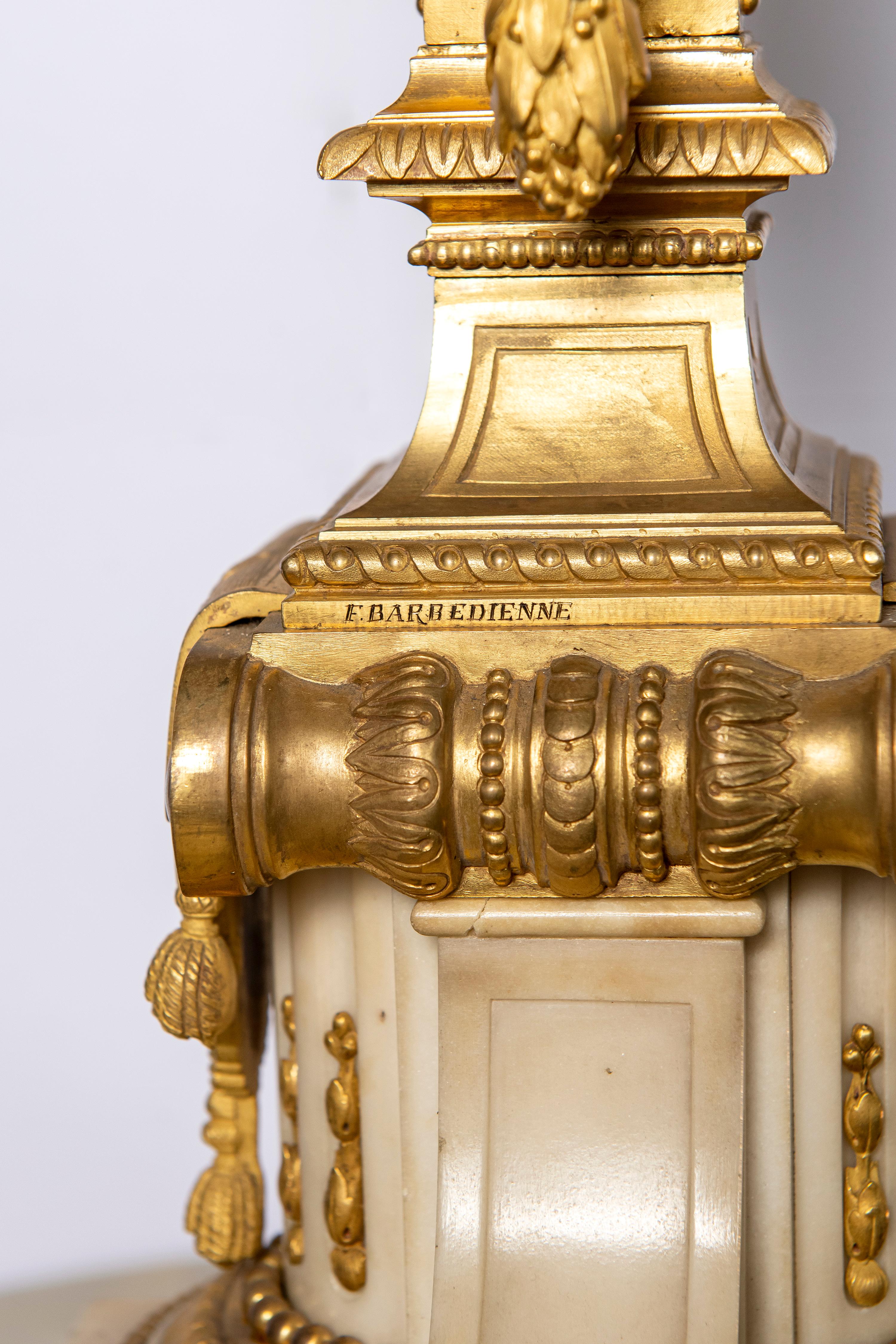 French Pair of Marble and Gilt Bronze Table Lamps, Signed F. Barbedienne For Sale