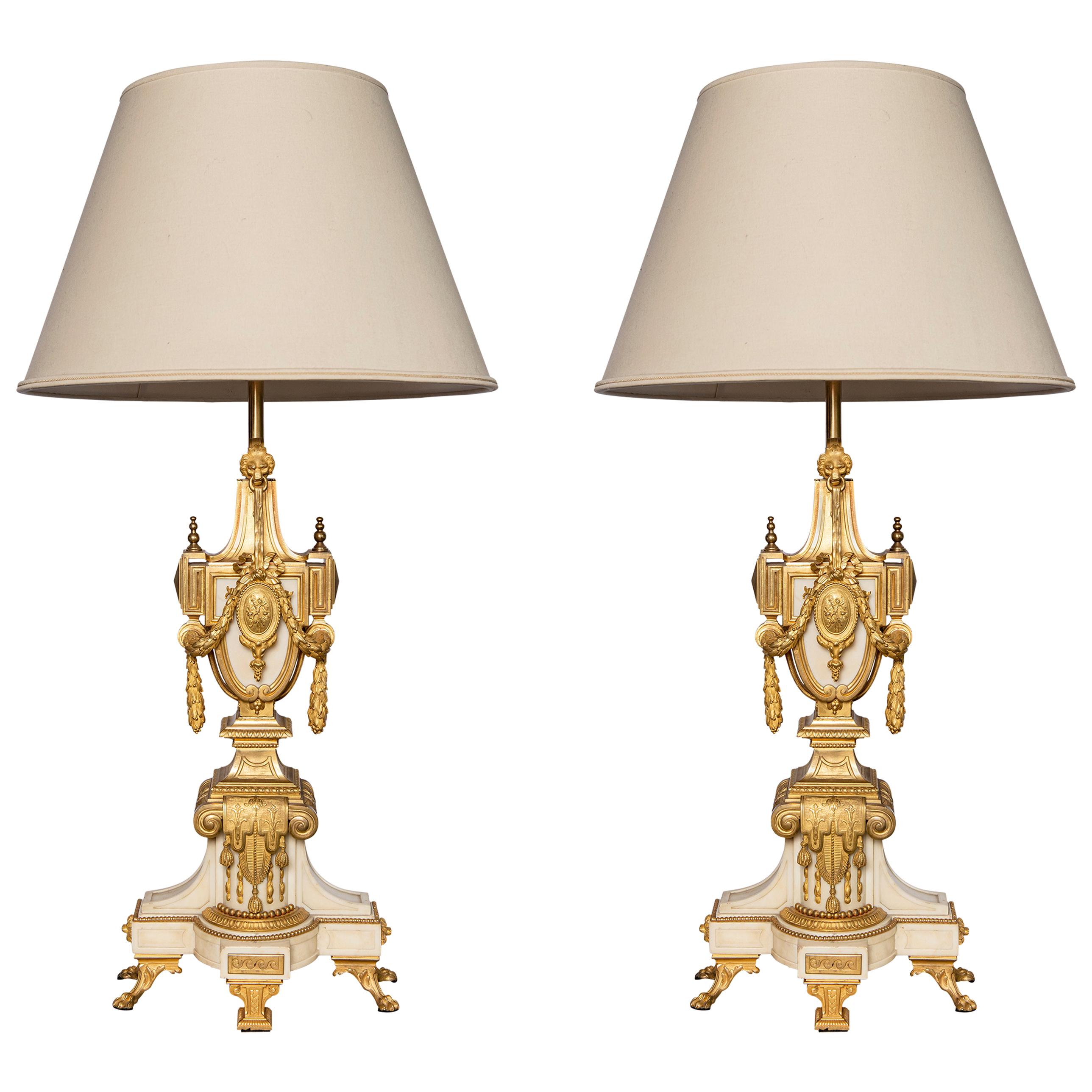 Pair of Marble and Gilt Bronze Table Lamps, Signed F. Barbedienne