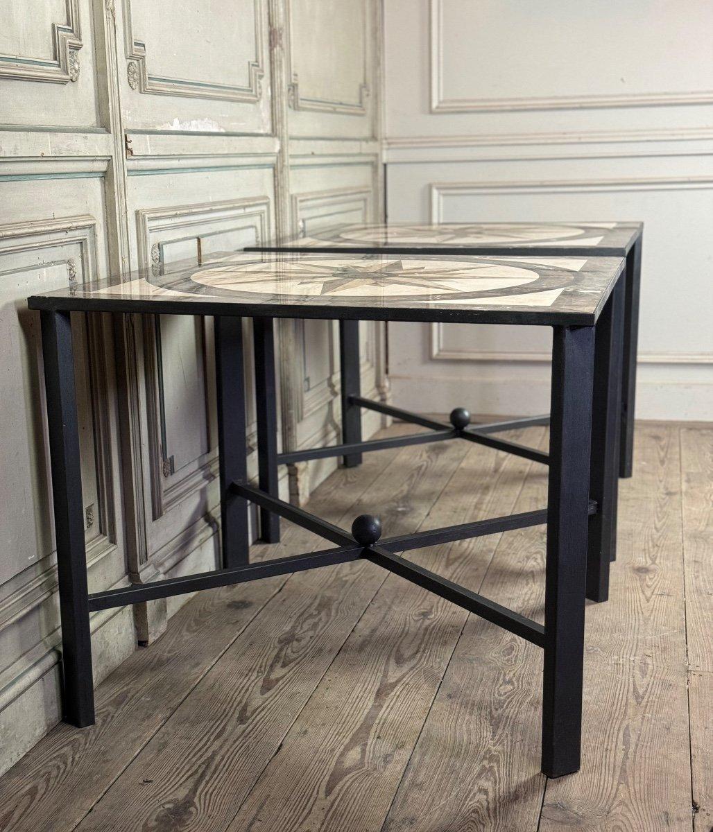Pair Of Marble And Metal Tables, Compass Rose In Marble Marquetry For Sale 4