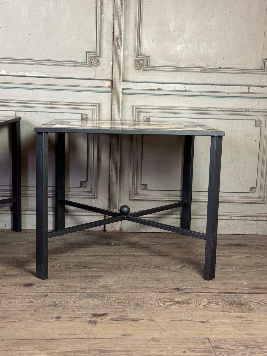 Pair Of Marble And Metal Tables, Compass Rose In Marble Marquetry For Sale 5