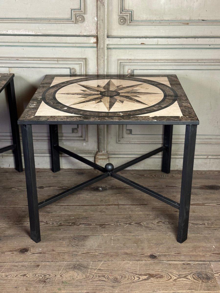 Pair Of Marble And Metal Tables, Compass Rose In Marble Marquetry For Sale 6