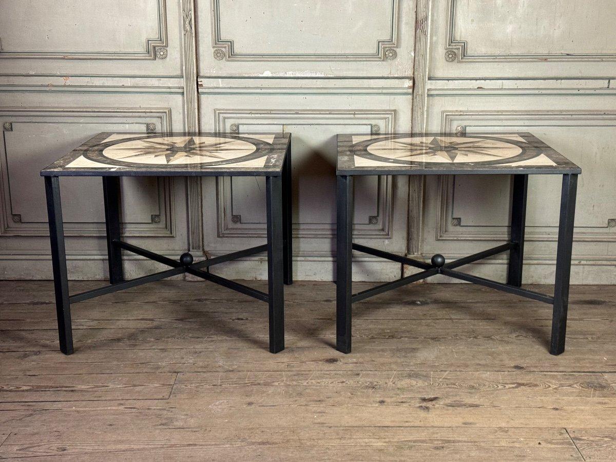 Pair Of Marble And Metal Tables, Compass Rose In Marble Marquetry For Sale 7