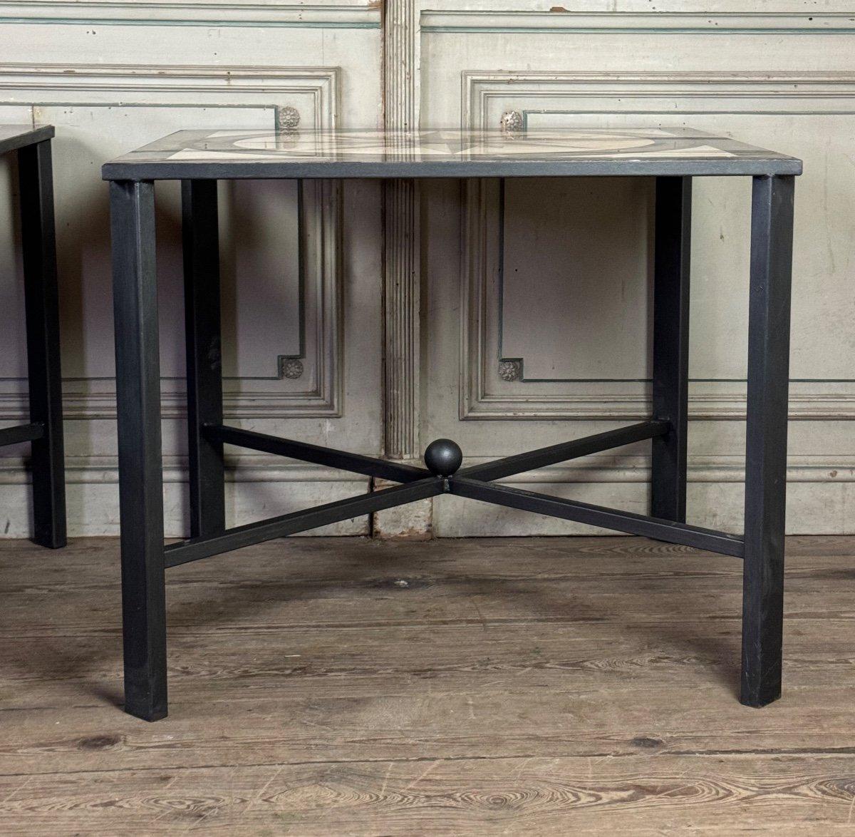 Pair Of Marble And Metal Tables, Compass Rose In Marble Marquetry, Circa 1990