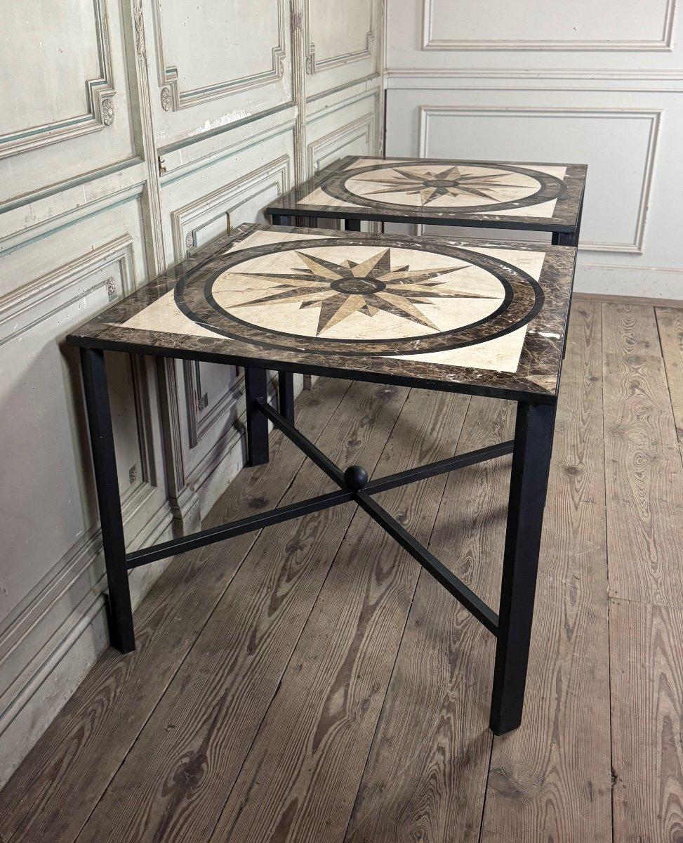 Pair Of Marble And Metal Tables, Compass Rose In Marble Marquetry In Excellent Condition For Sale In Honnelles, WHT