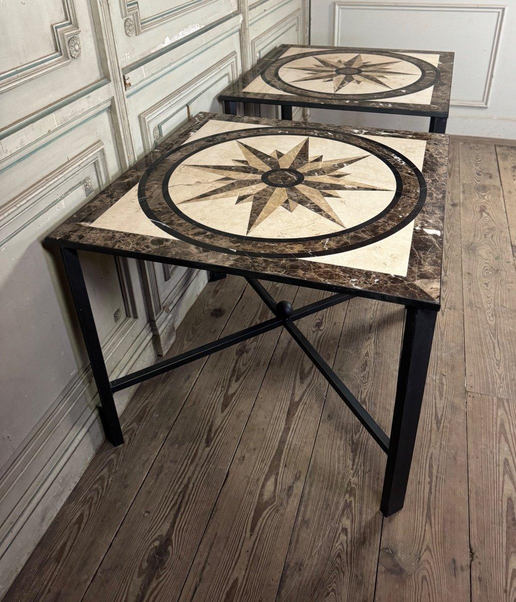 20th Century Pair Of Marble And Metal Tables, Compass Rose In Marble Marquetry For Sale