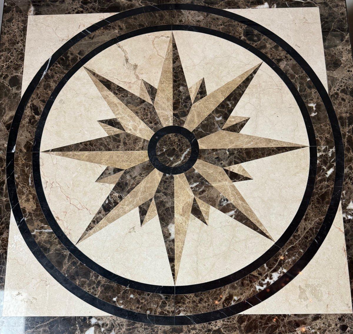 Pair Of Marble And Metal Tables, Compass Rose In Marble Marquetry For Sale 1
