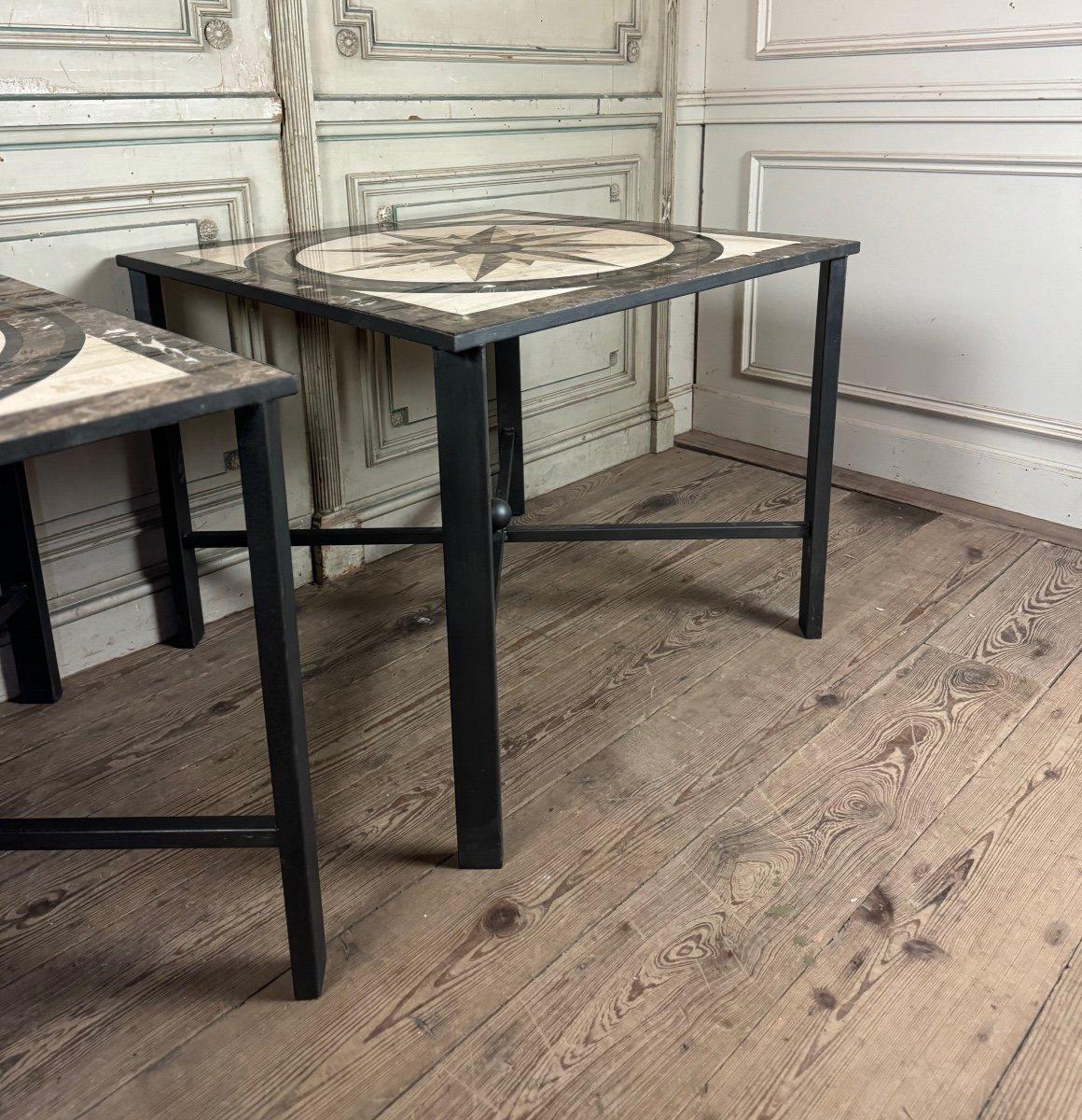 Pair Of Marble And Metal Tables, Compass Rose In Marble Marquetry For Sale 2