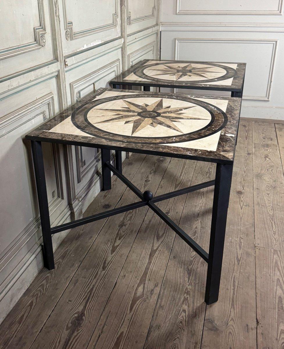 Pair Of Marble And Metal Tables, Compass Rose In Marble Marquetry For Sale 3