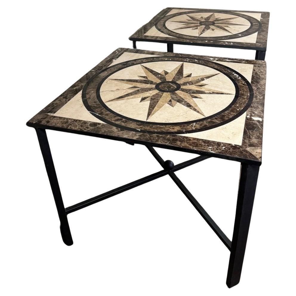 Pair Of Marble And Metal Tables, Compass Rose In Marble Marquetry For Sale