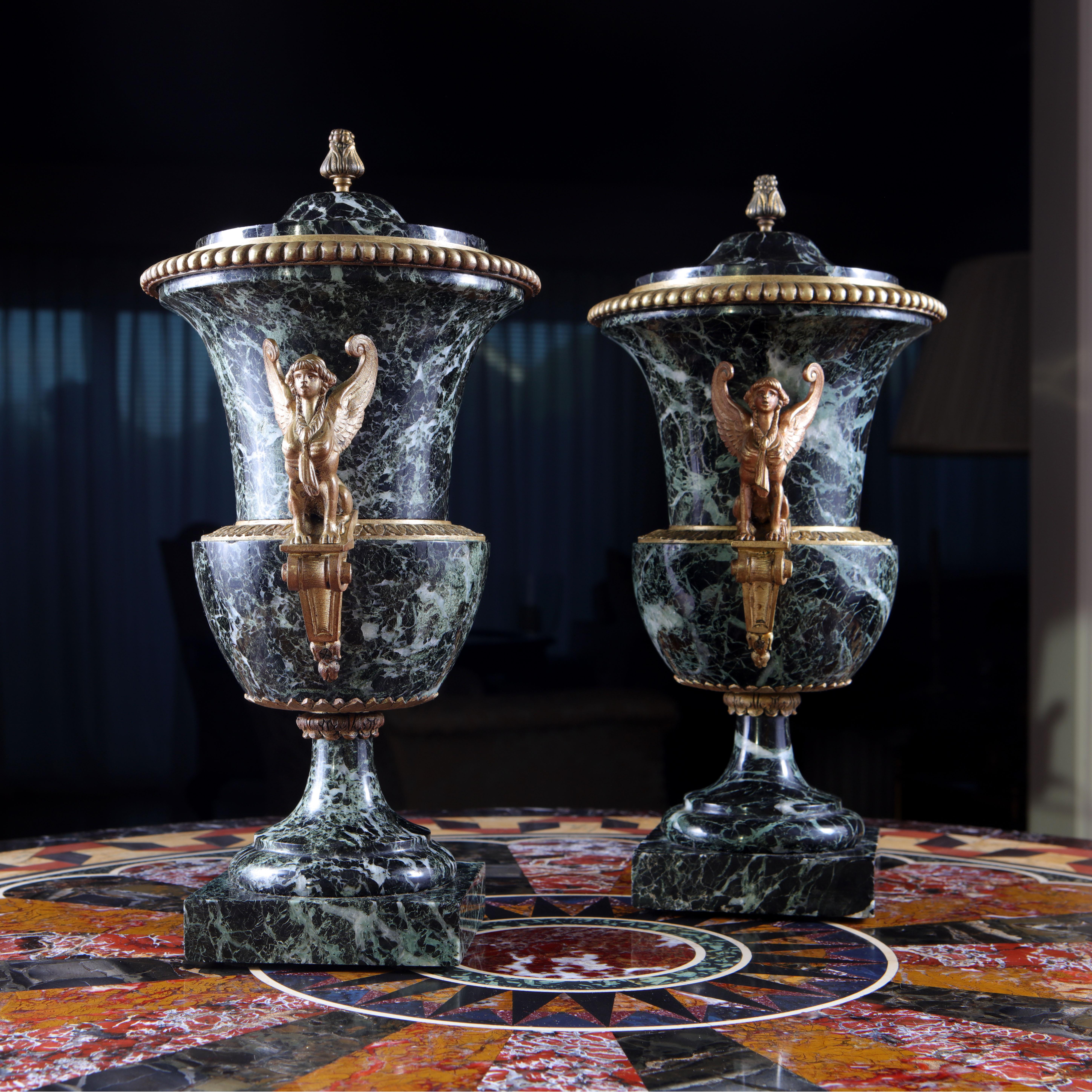Pair Of Marble And Ormolu Classical Urns In Excellent Condition For Sale In Reepham, GB