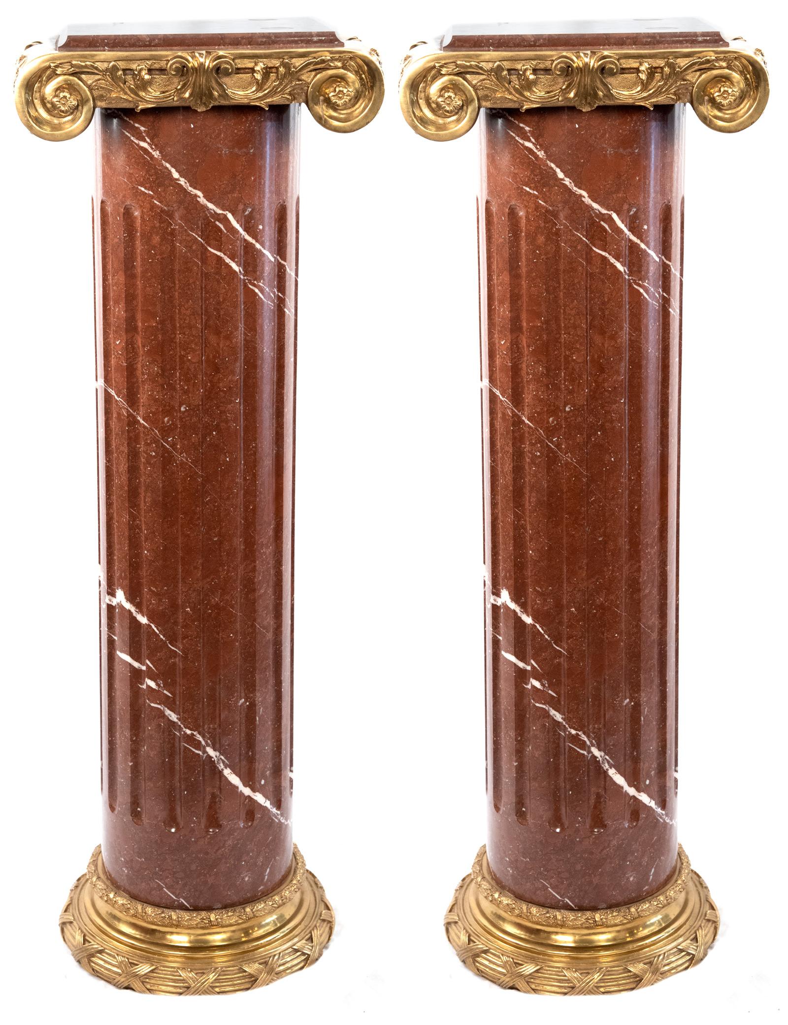 20th Century Pair of Marble and Ormolu Pedestals in the Form of an Ionic Pillar