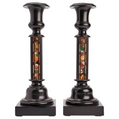 Pair of Marble and Pietradura Grand Tour Candlesticks, England, 1850