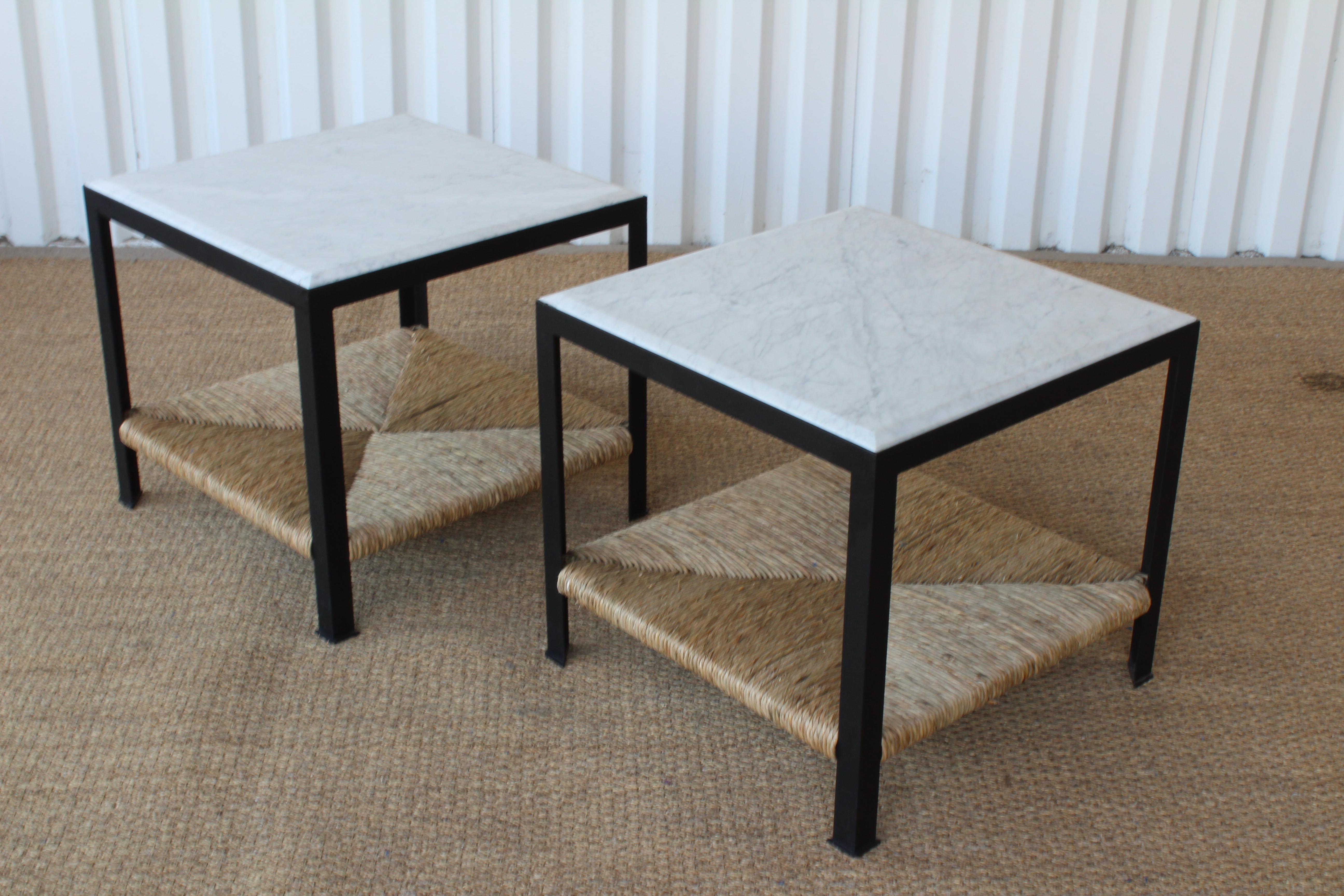 American Pair of Marble and Rush Side Tables