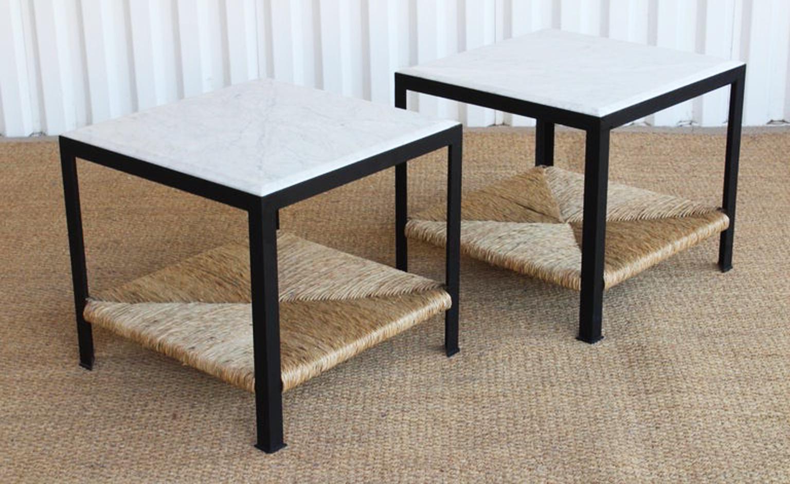 American Pair of Marble and Rush Side Tables For Sale