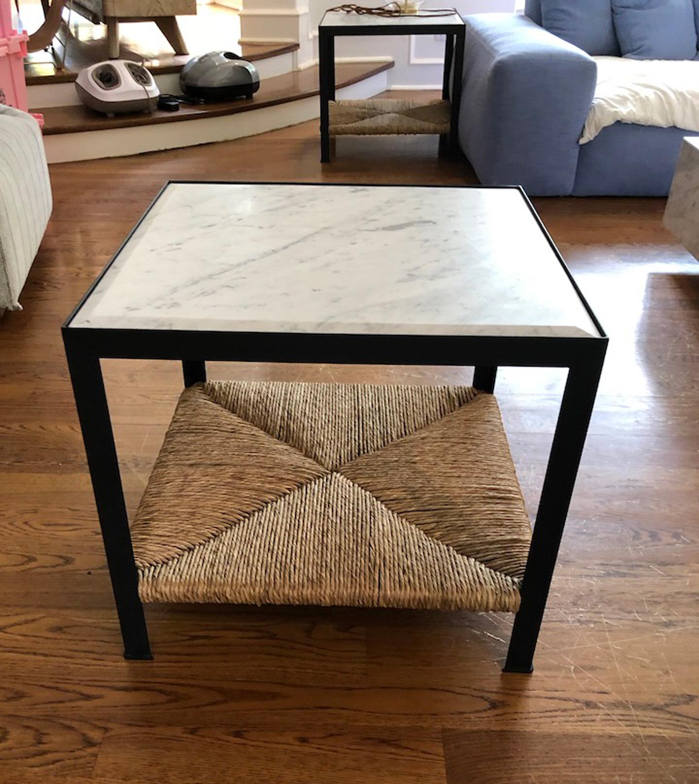 Beveled Pair of Marble and Rush Side Tables For Sale