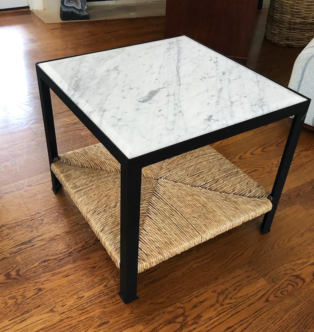 Pair of Marble and Rush Side Tables In Excellent Condition For Sale In Culver City, CA