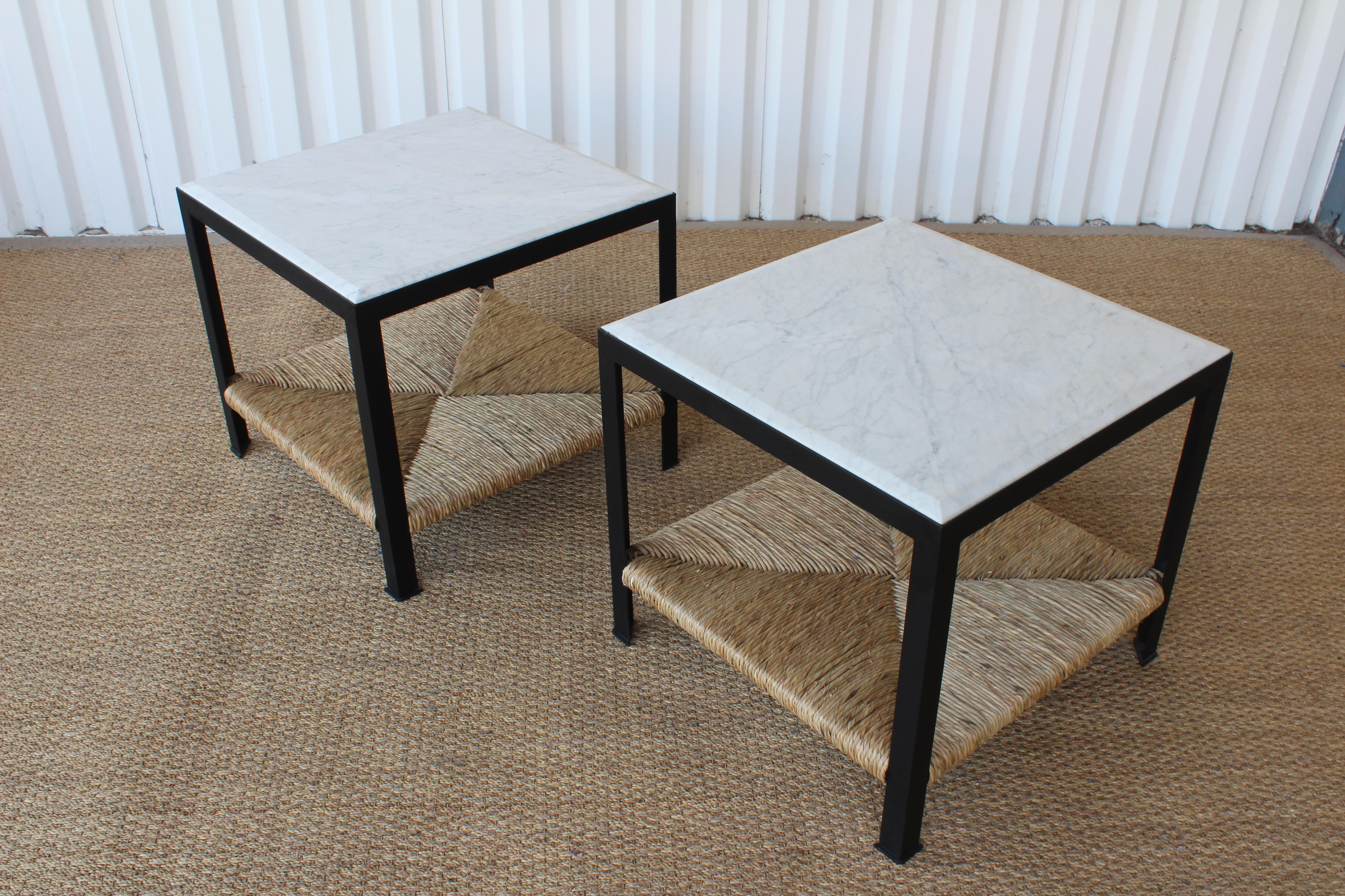 Steel Pair of Marble and Rush Side Tables