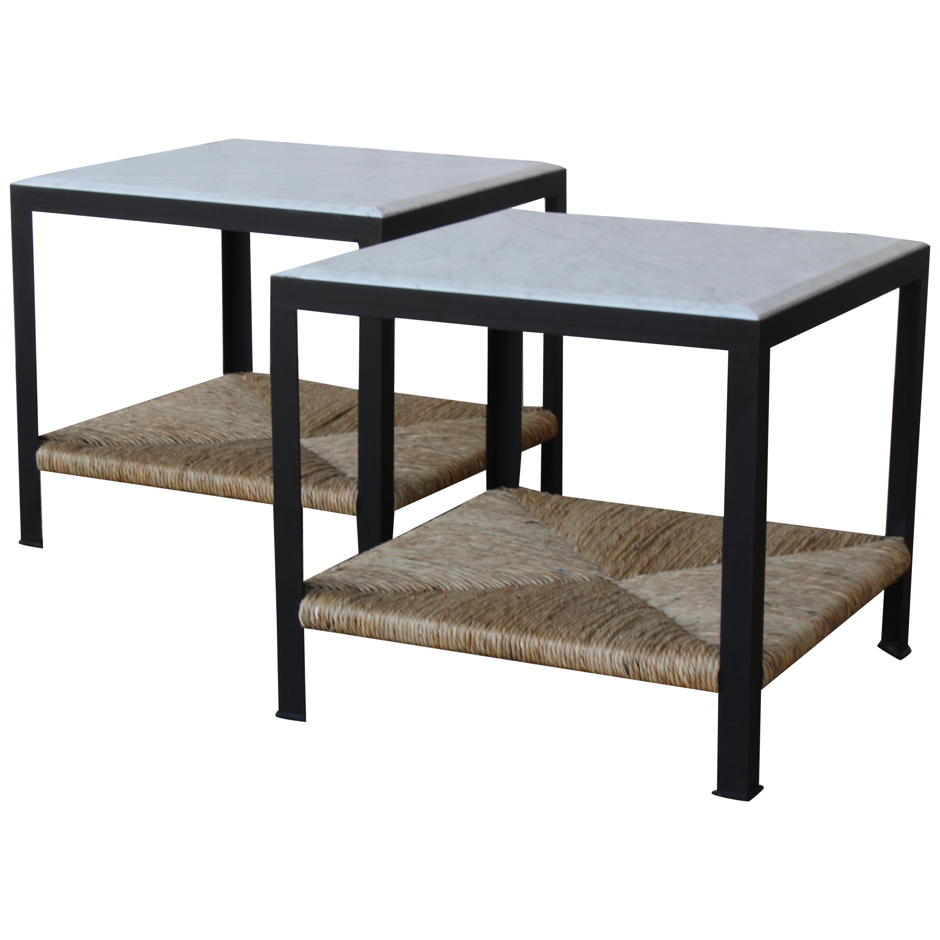 Pair of Marble and Rush Side Tables