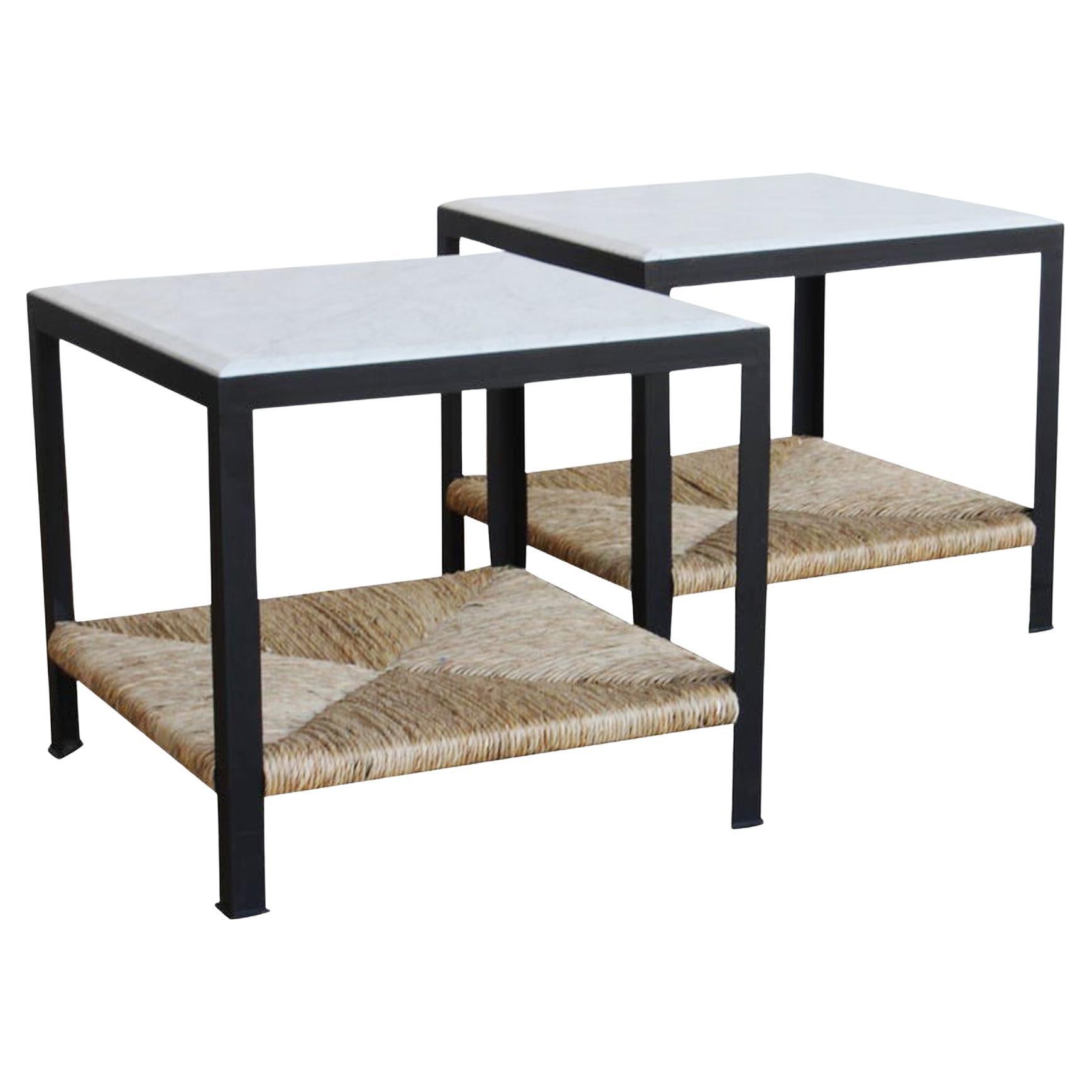 Pair of Marble and Rush Side Tables