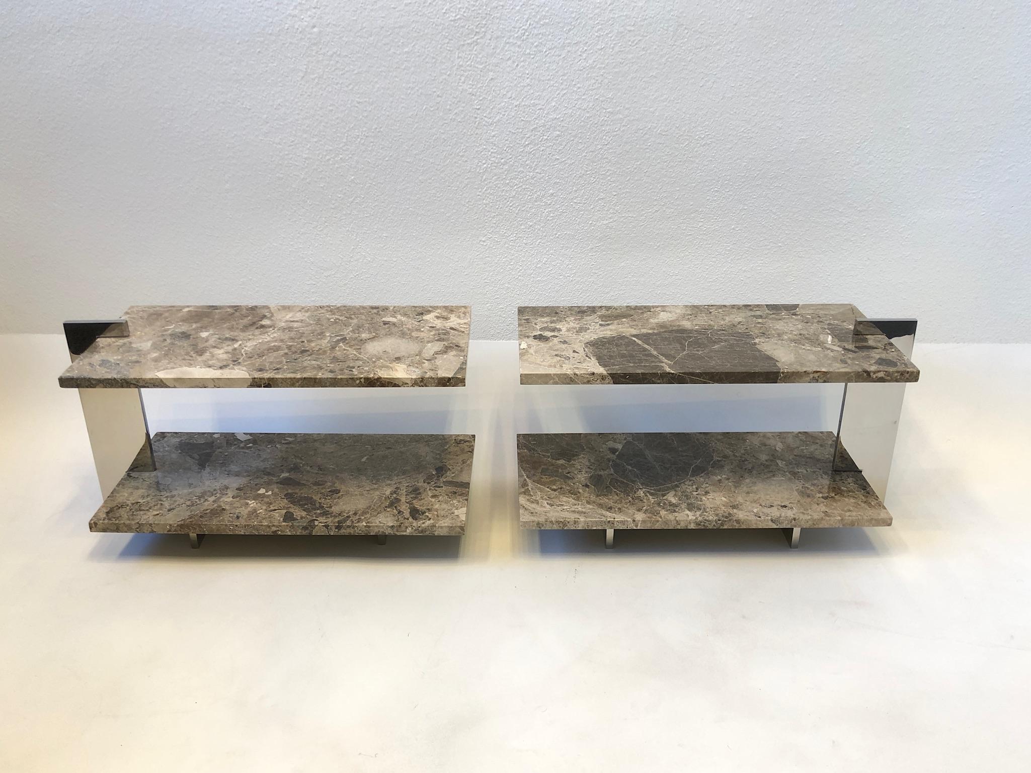 American Pair of Marble and Stainless Steel Two-Tier Side Tables For Sale