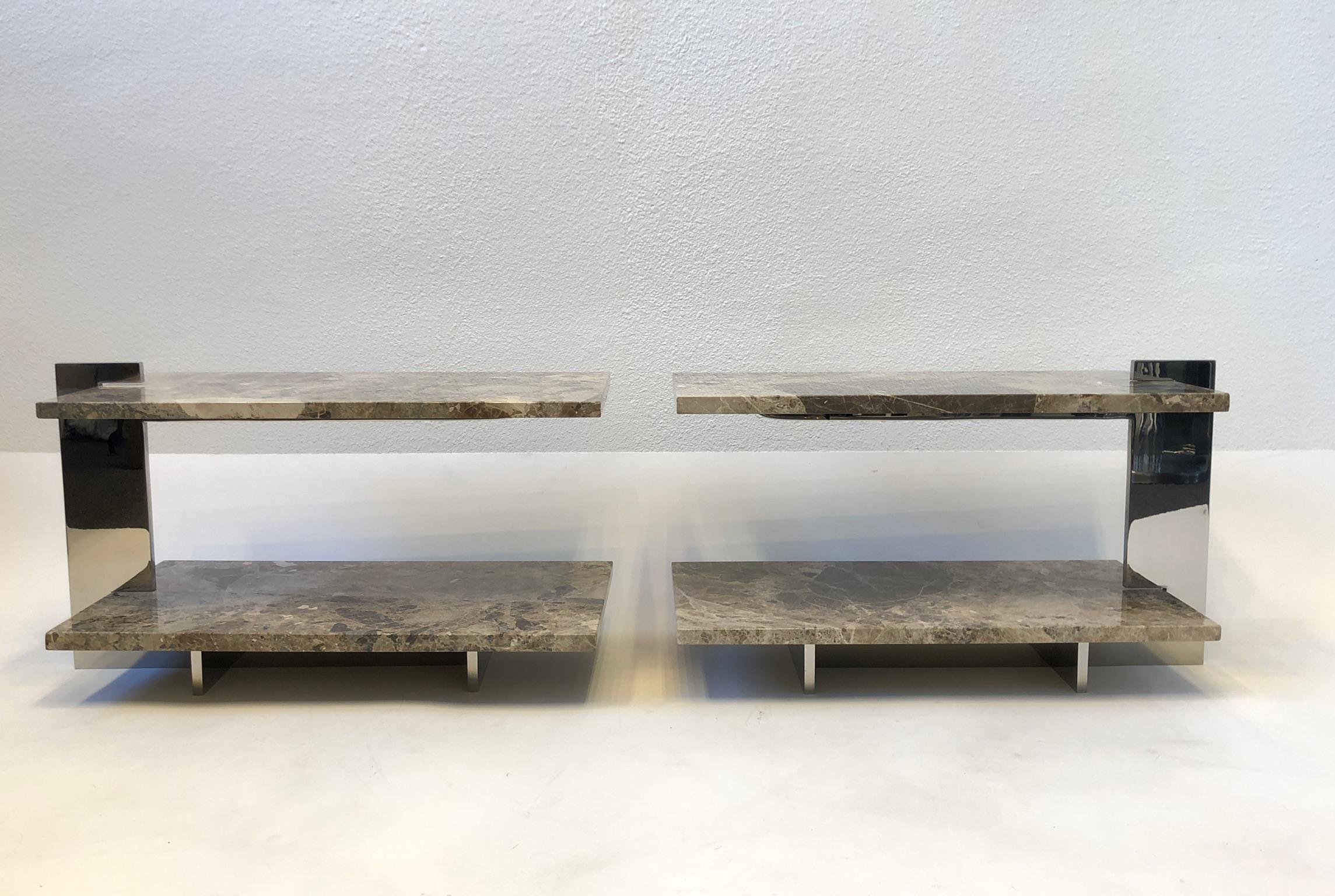 Polished Pair of Marble and Stainless Steel Two-Tier Side Tables For Sale