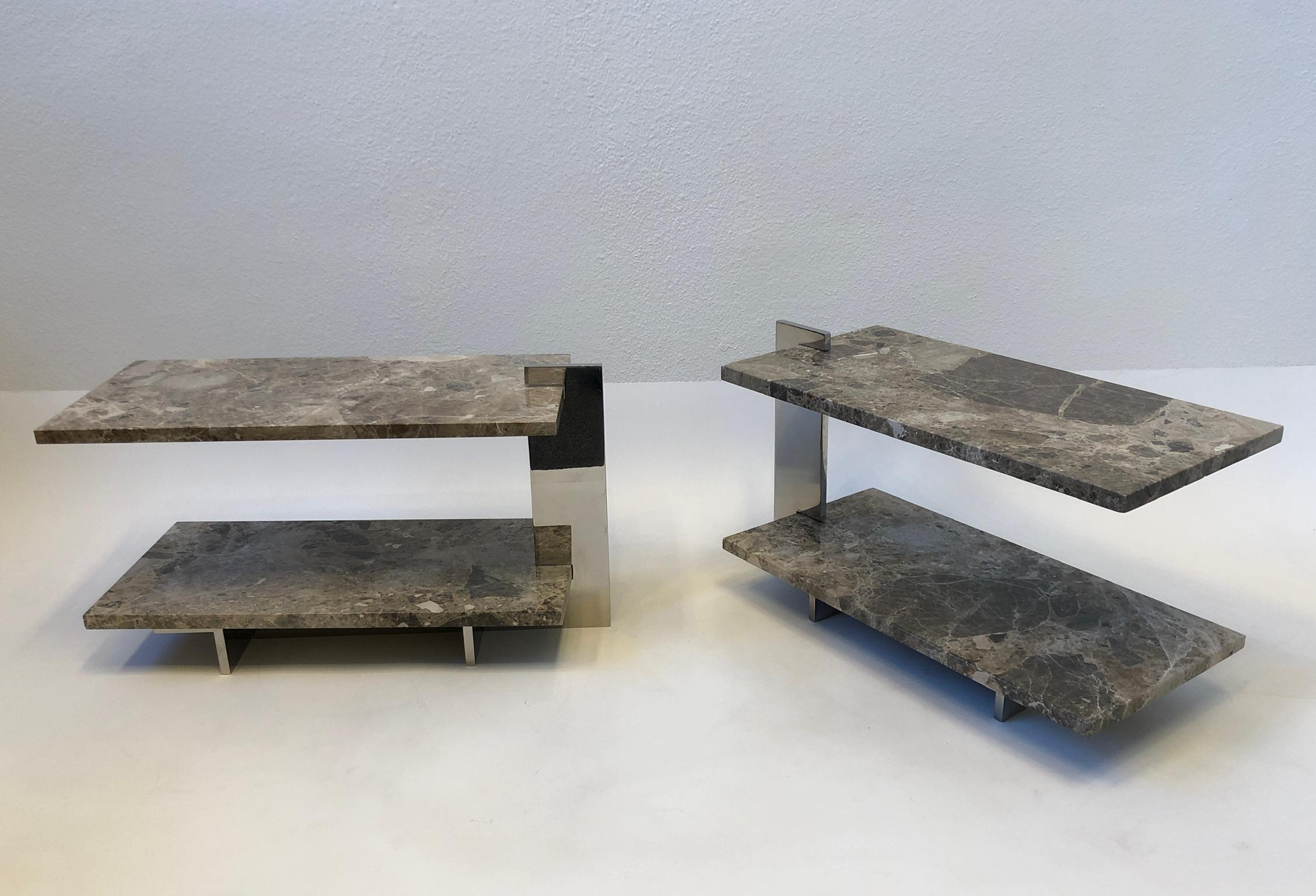 Contemporary Pair of Marble and Stainless Steel Two-Tier Side Tables For Sale