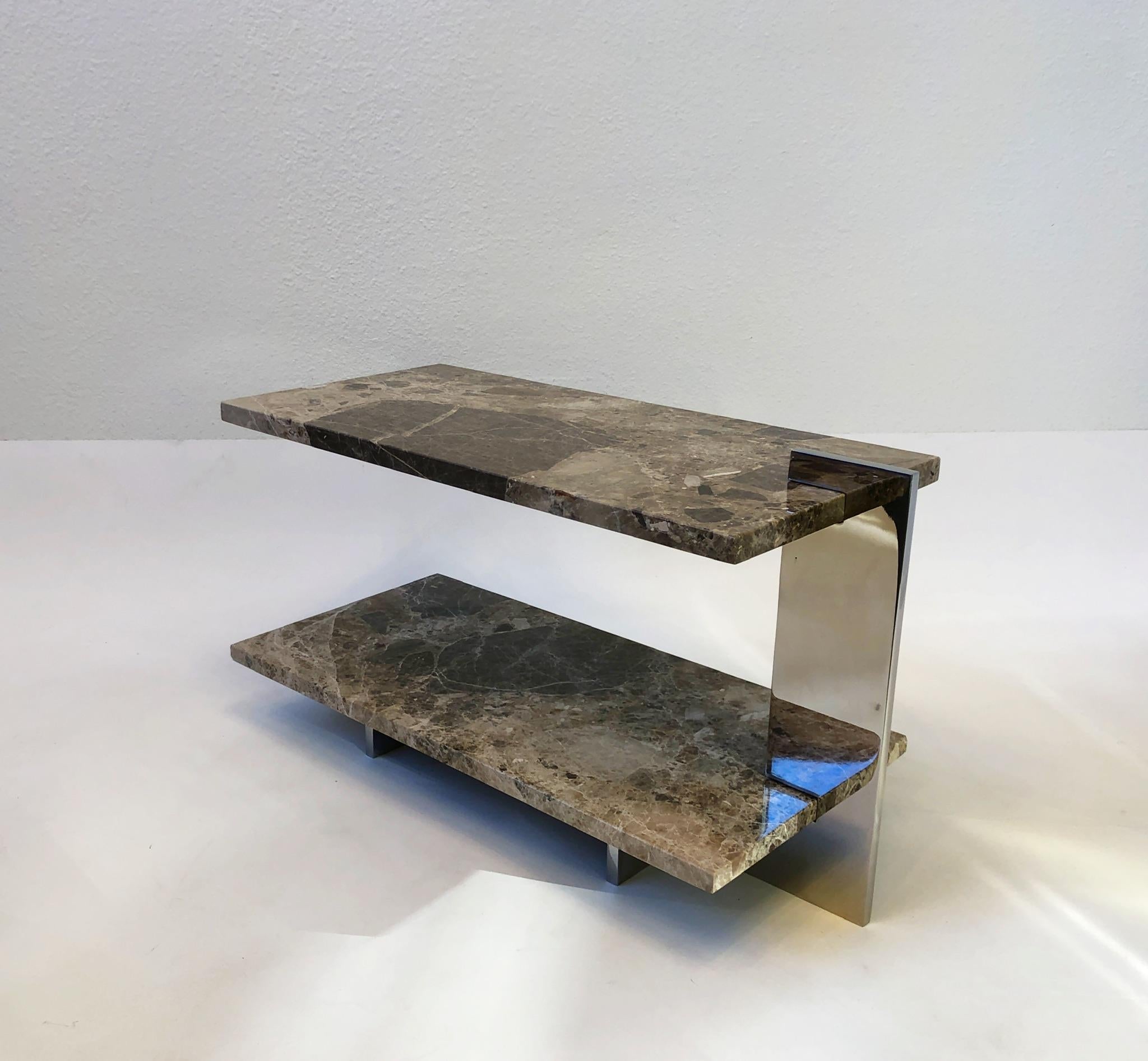 Pair of Marble and Stainless Steel Two-Tier Side Tables For Sale 1