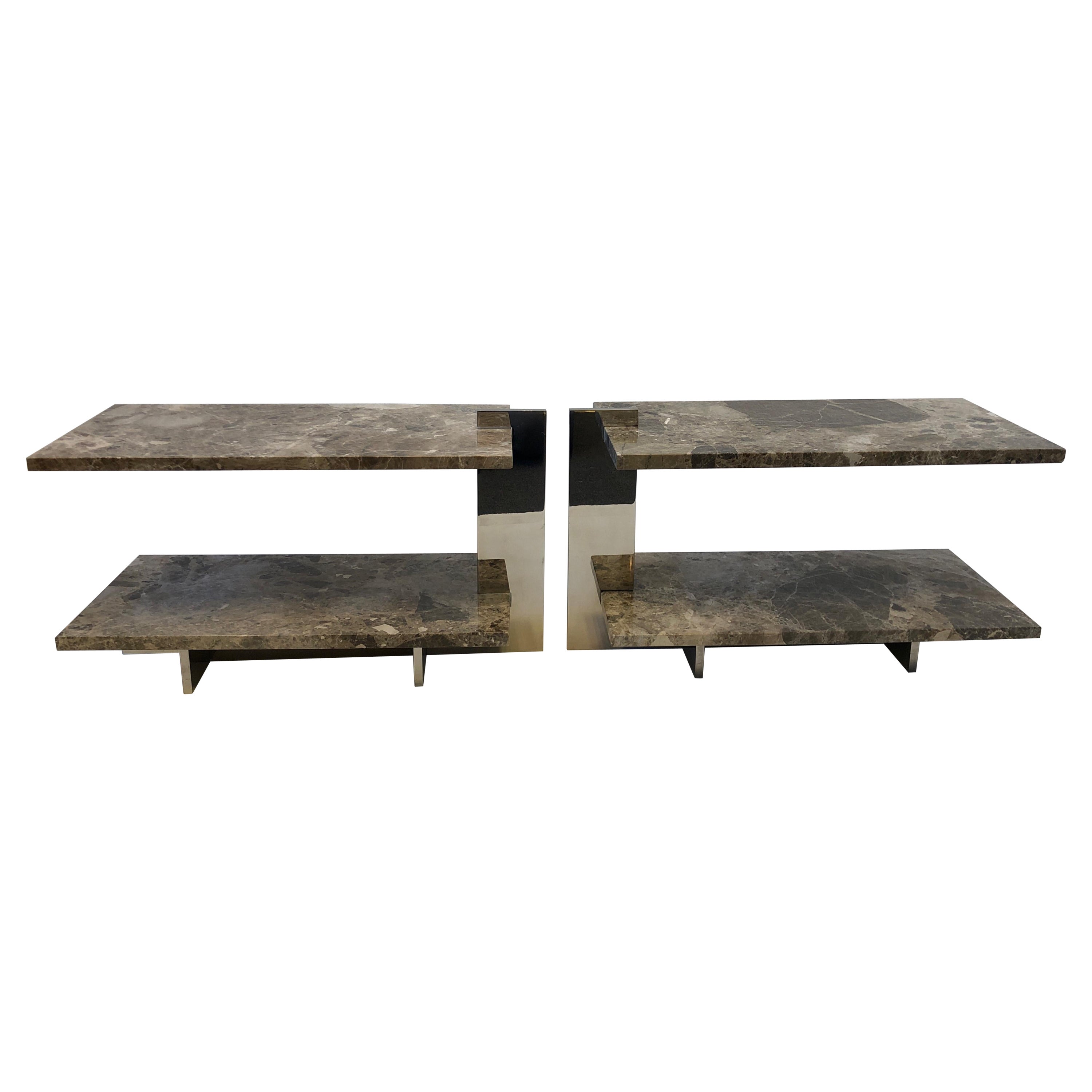Pair of Marble and Stainless Steel Two-Tier Side Tables