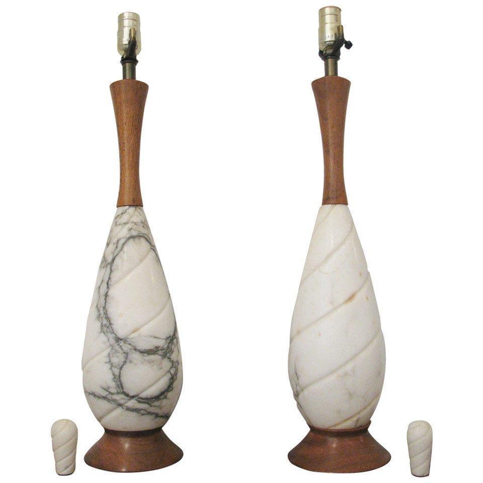Pair of White Marble and Brown Wood Table Lamps For Sale