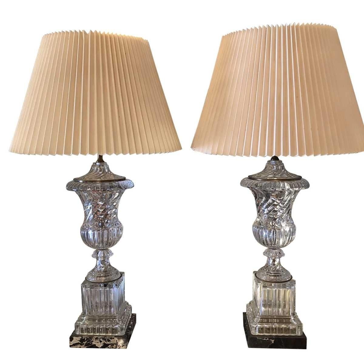 Pair of Marble Base Paul Hanson Baccarat Style Urn Table Lamps For Sale