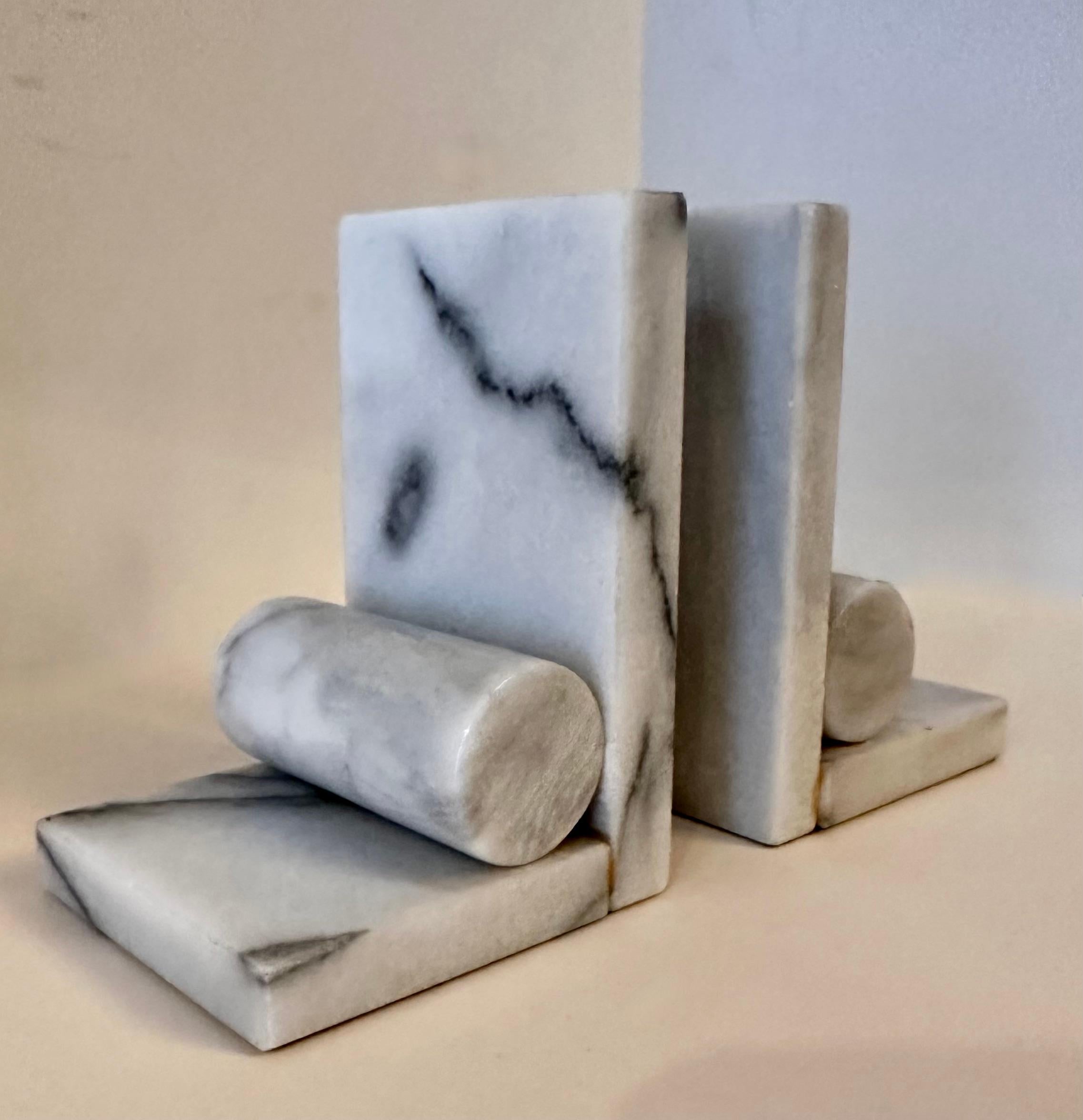 Hand-Crafted Pair of Marble Bookends with Solid Cylinder Detail For Sale