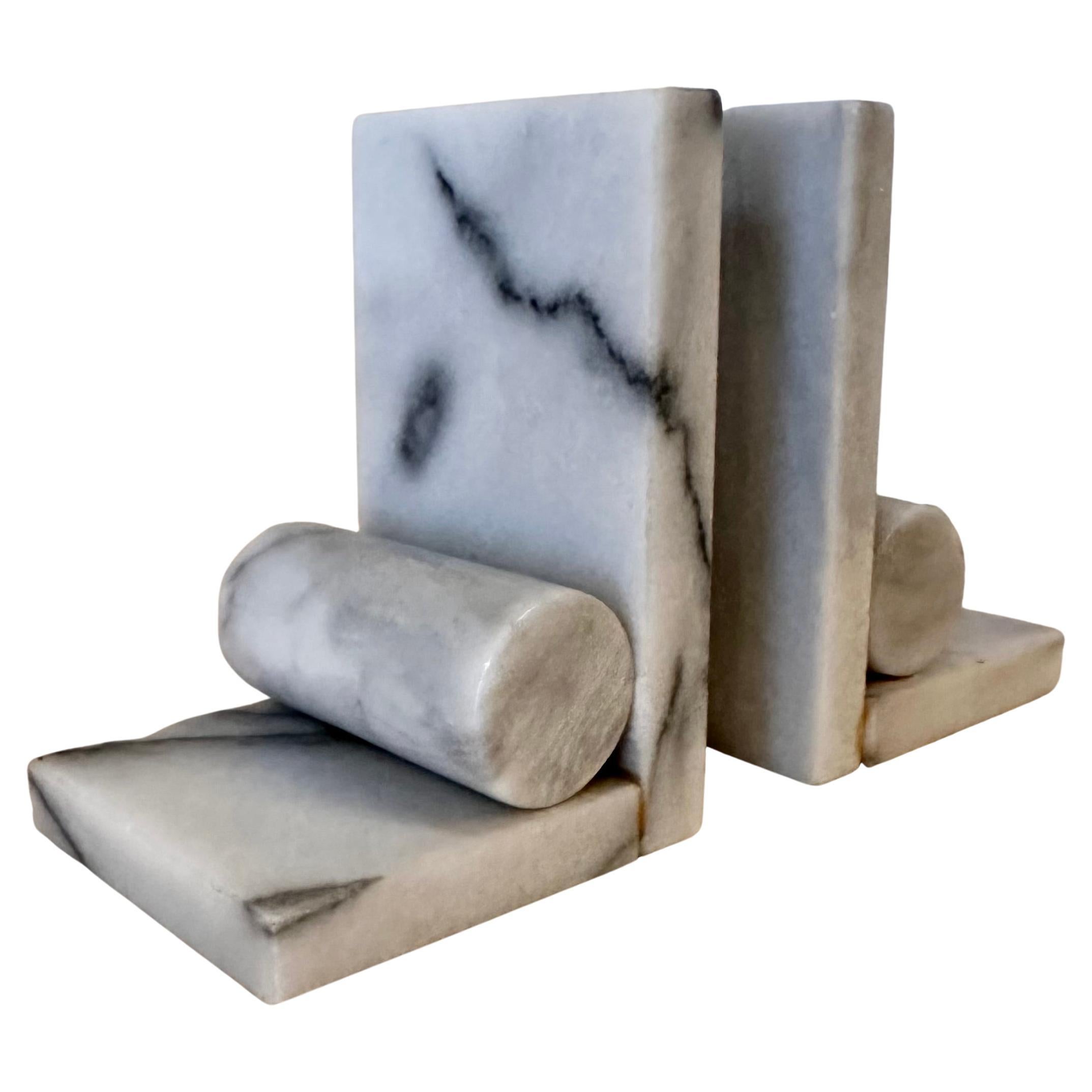 Pair of Marble Bookends with Solid Cylinder Detail For Sale