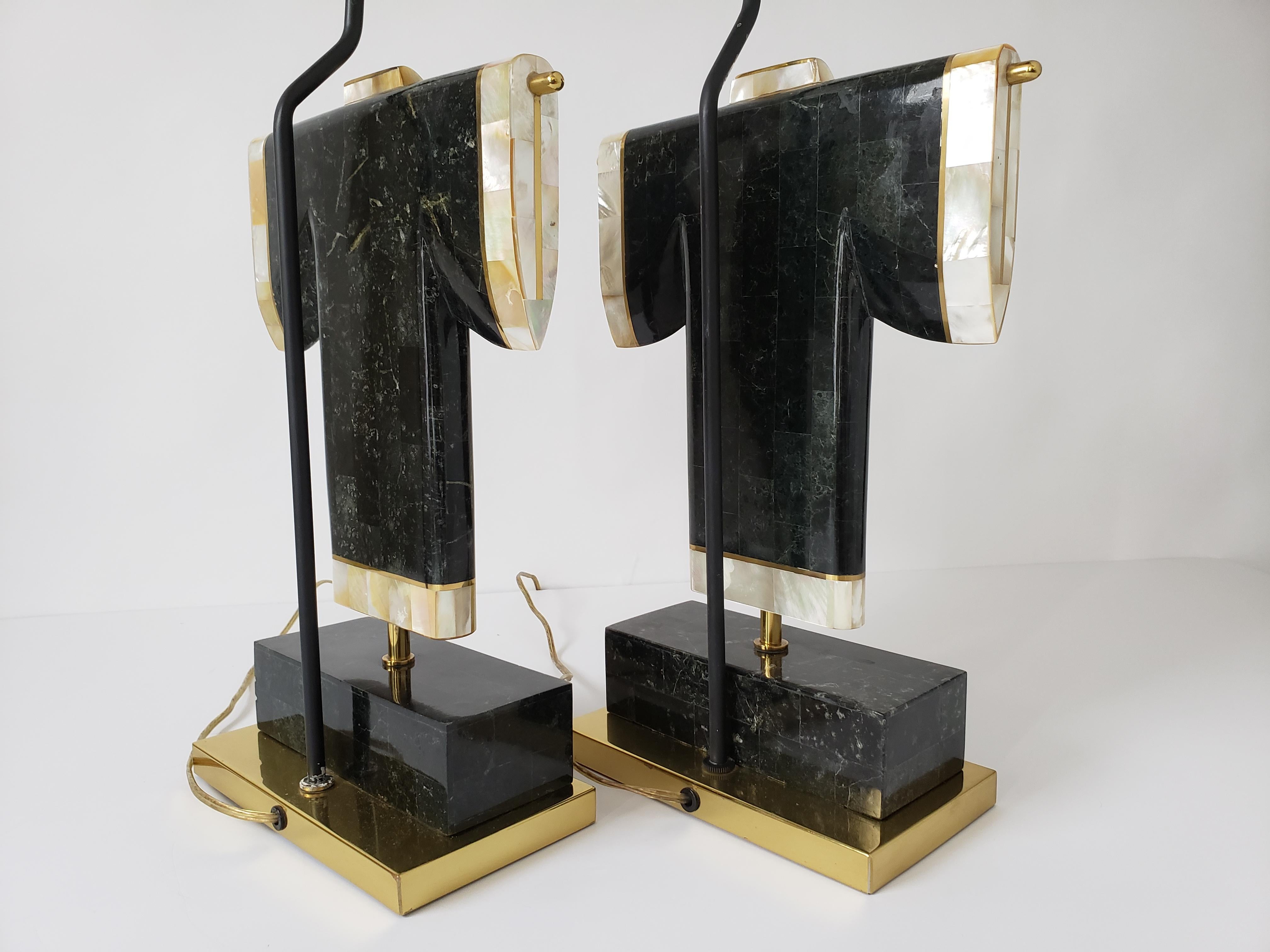 Pair of Marble, Brass and Capiz Kimono Table Lamp, USA, 1980s 4