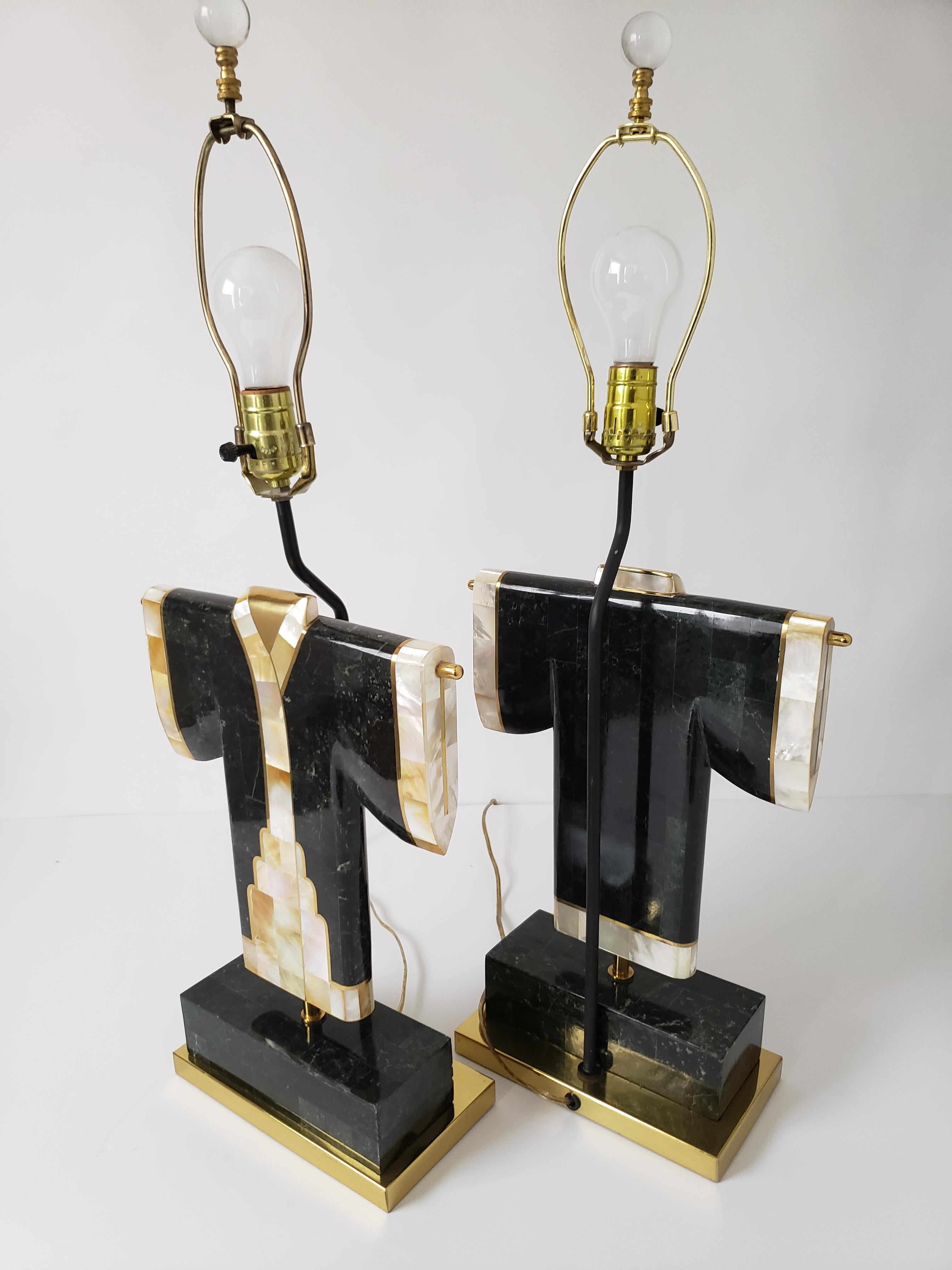 Pair of Marble, Brass and Capiz Kimono Table Lamp, USA, 1980s 5
