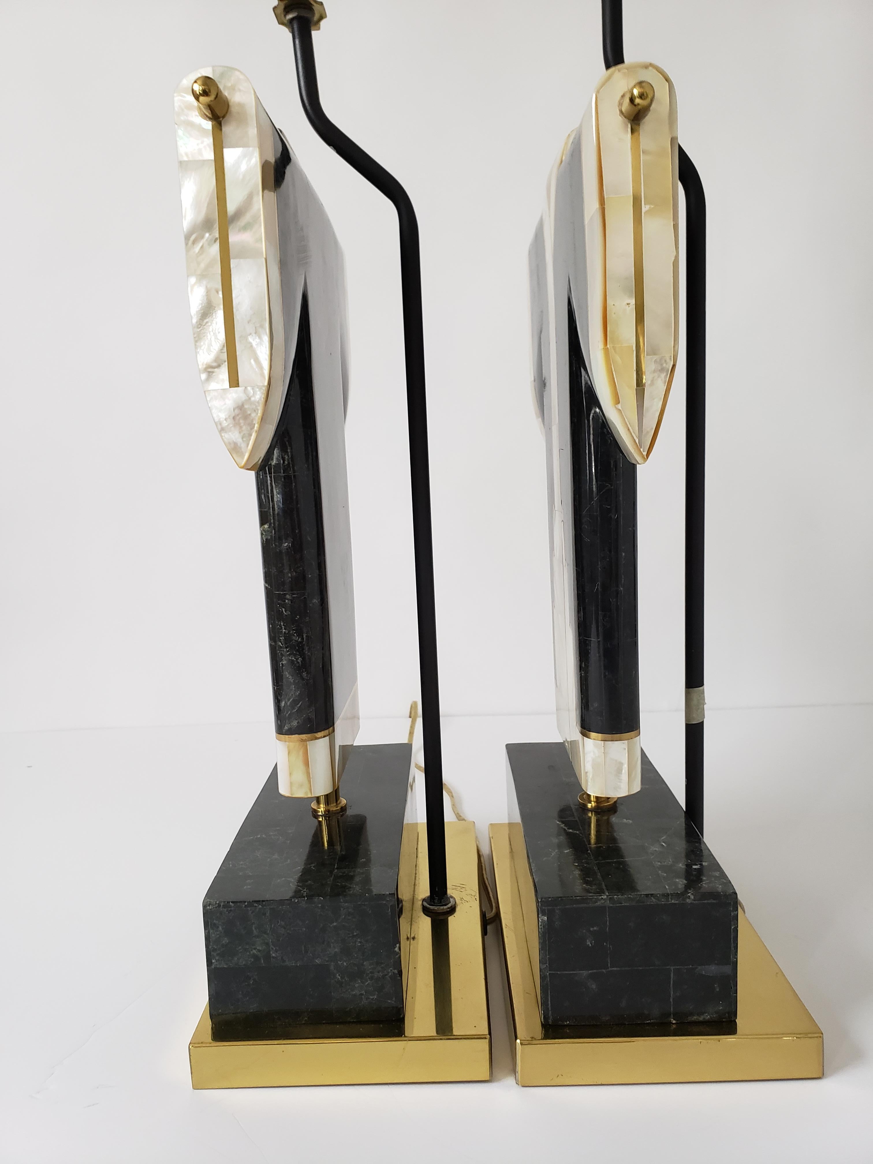 Pair of Marble, Brass and Capiz Kimono Table Lamp, USA, 1980s 6
