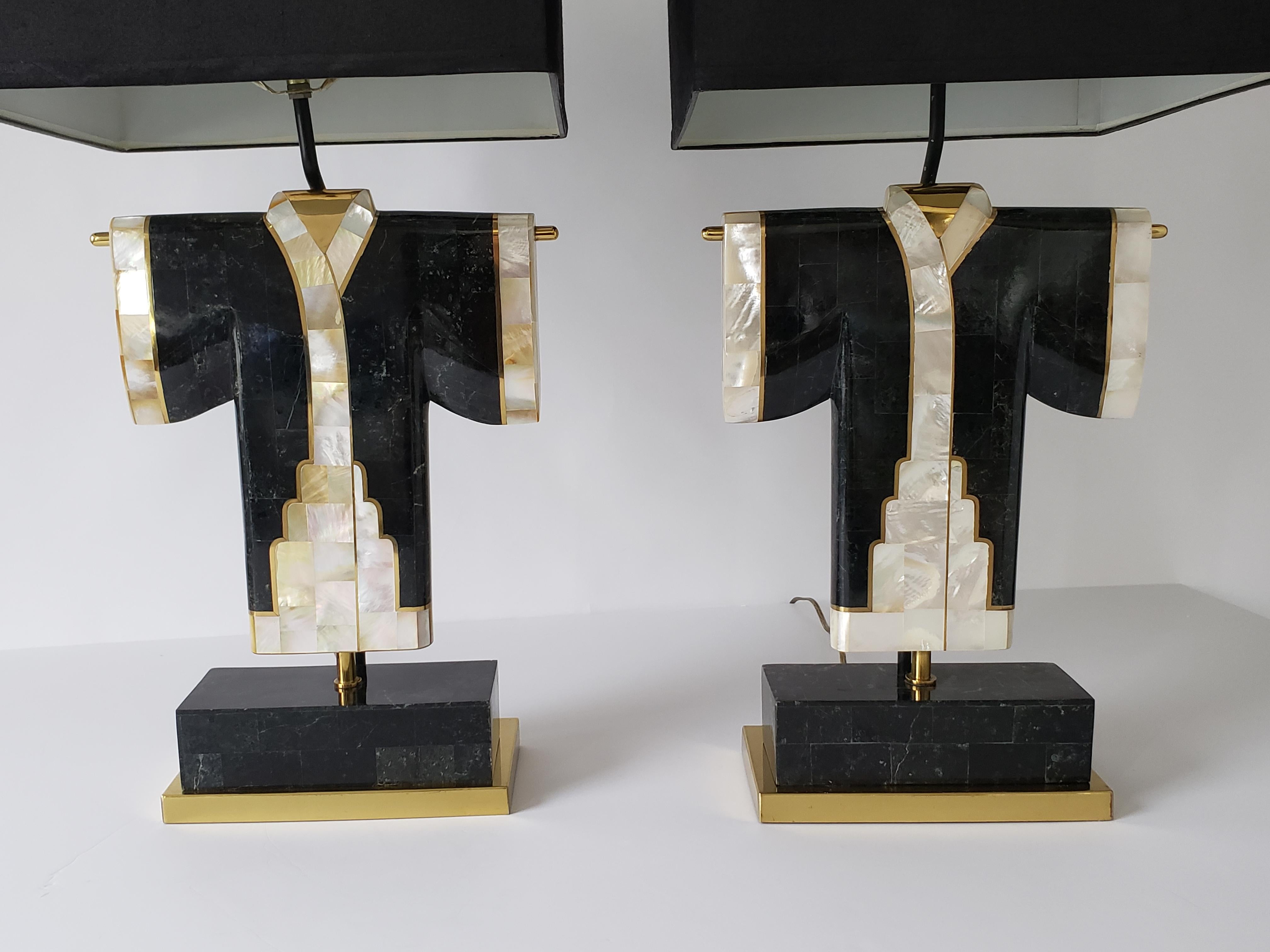 Pair of Marble, Brass and Capiz Kimono Table Lamp, USA, 1980s 7