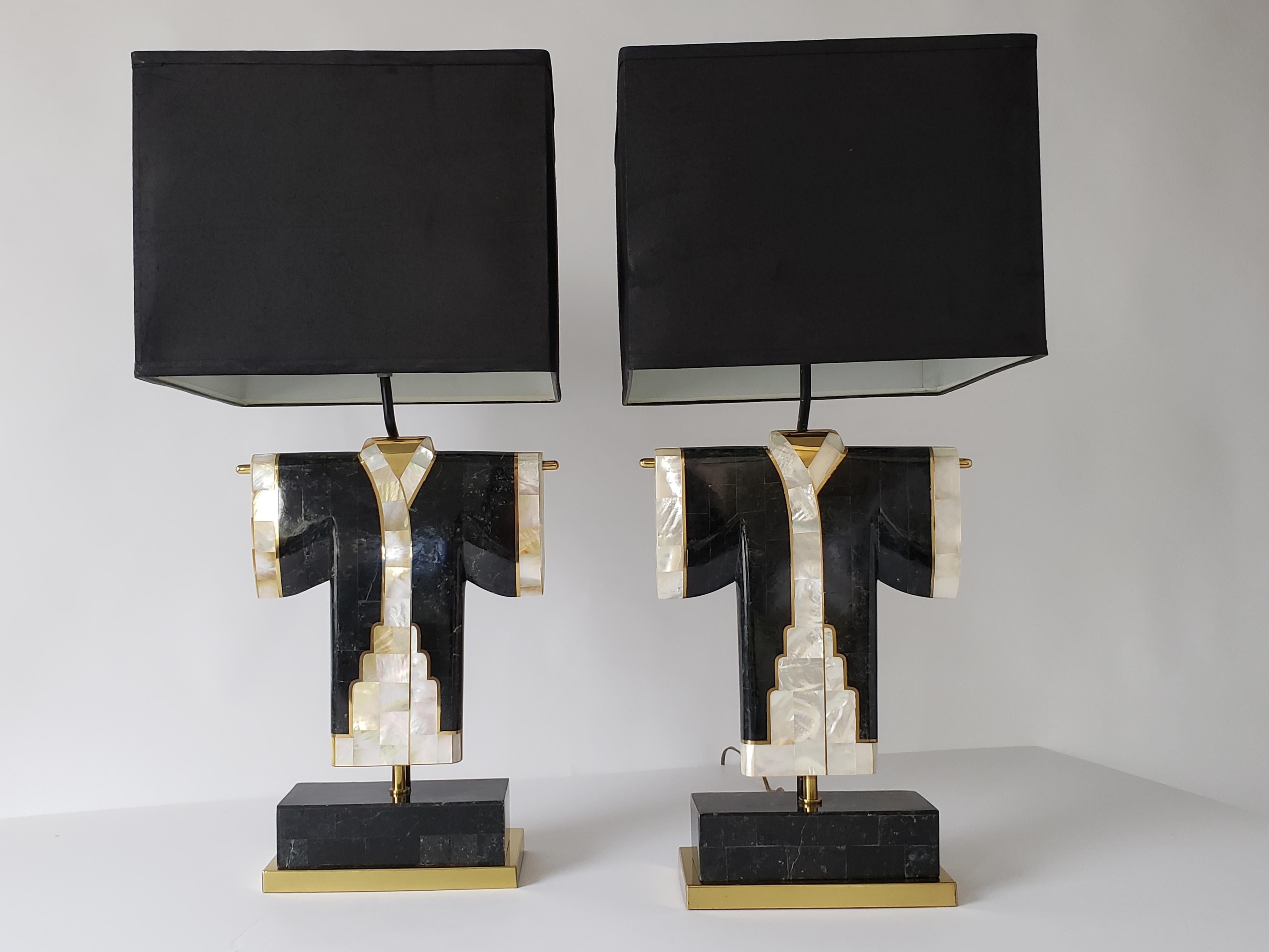 Pair of Marble, Brass and Capiz Kimono Table Lamp, USA, 1980s 8