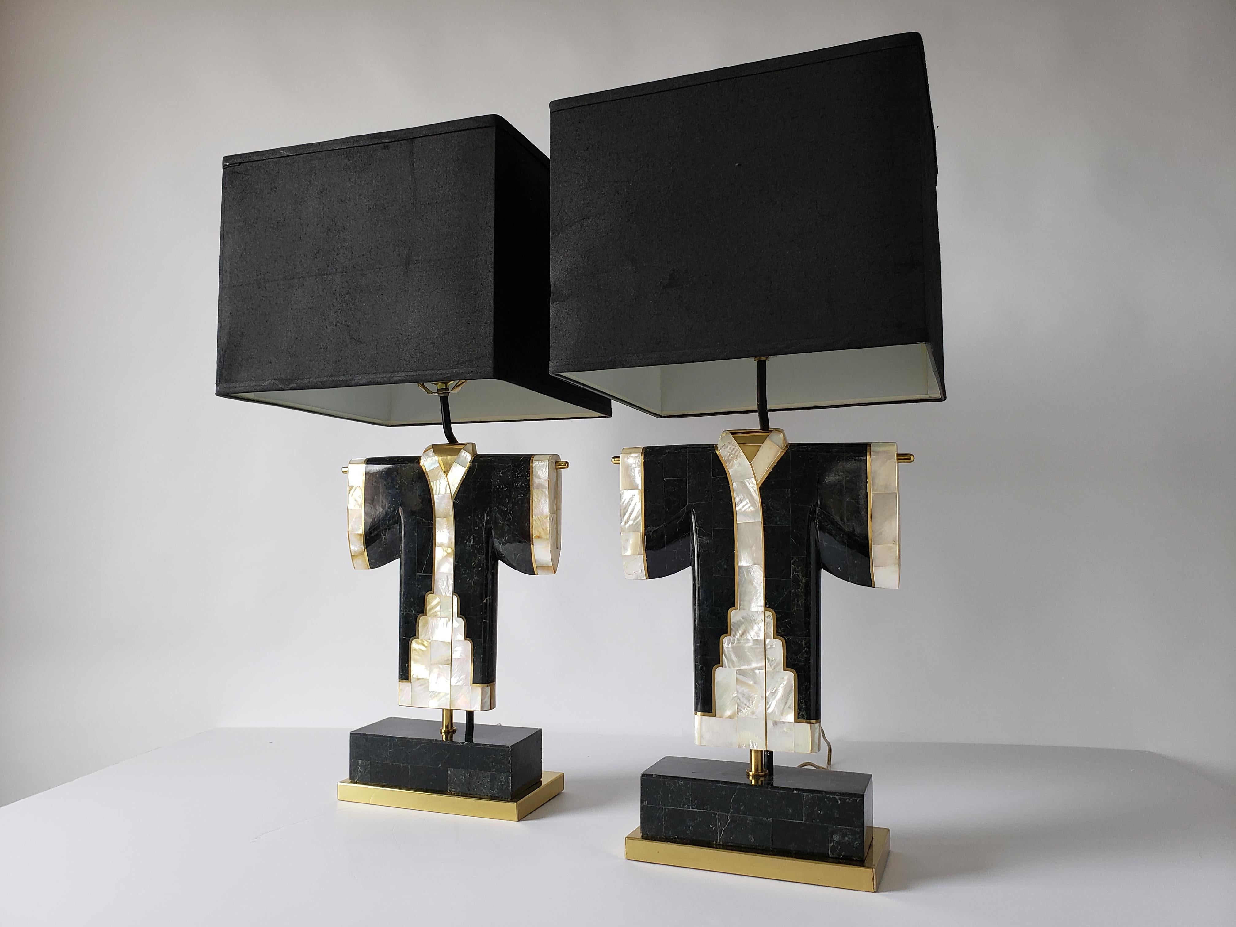 Pair of Marble, Brass and Capiz Kimono Table Lamp, USA, 1980s 9