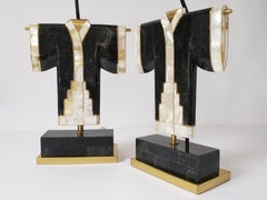 Pair of Marble, Brass and Capiz Kimono Table Lamp, USA, 1980s