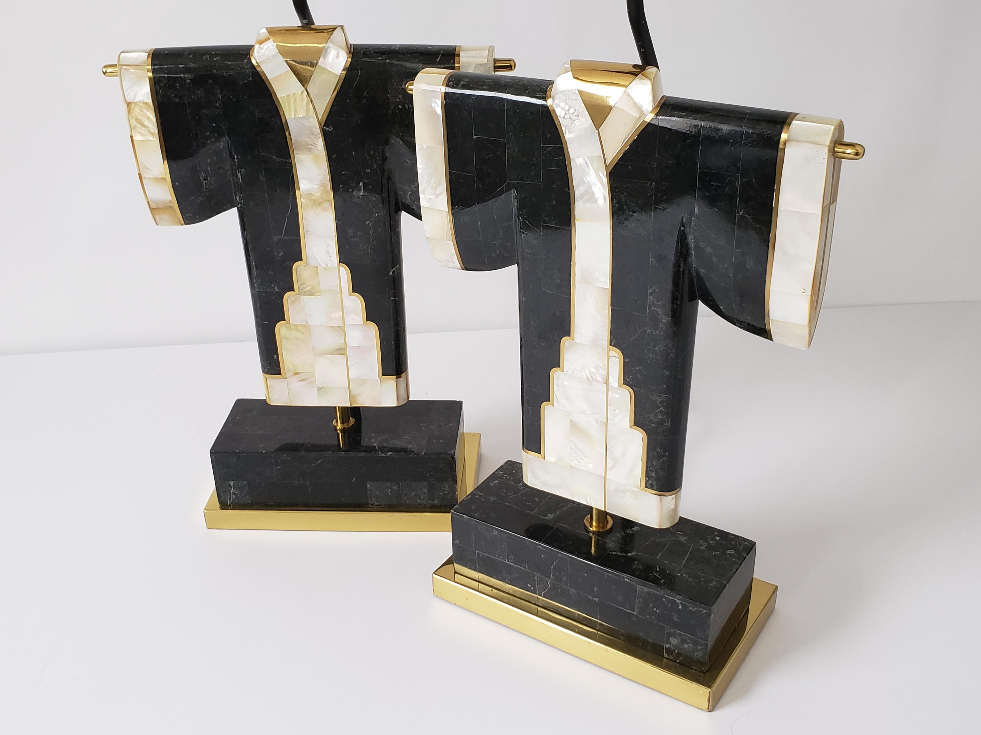 Modern Pair of Marble, Brass and Capiz Kimono Table Lamp, USA, 1980s
